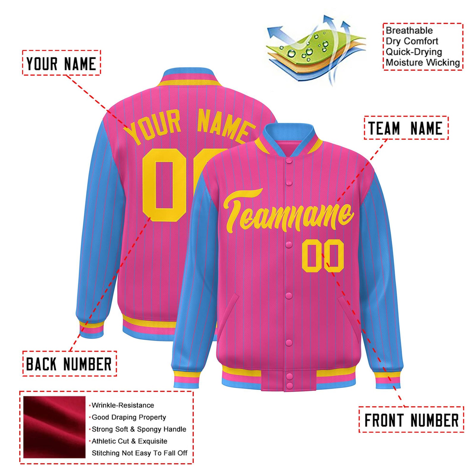 Custom Pink Powder-Blue Pinstripe Gold Bomber Full-Snap Varsity Letterman Jacket
