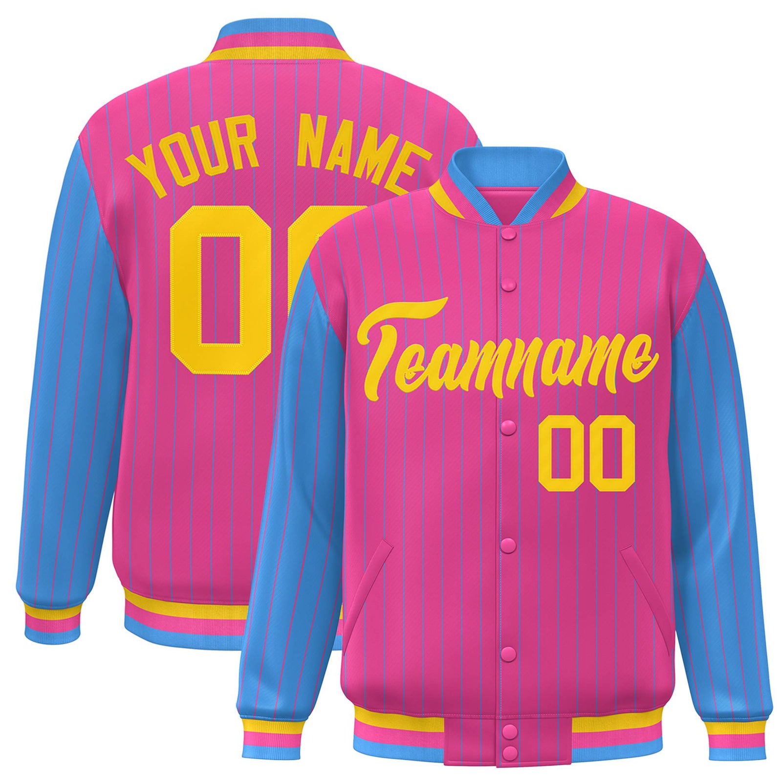 Custom Pink Powder-Blue Pinstripe Gold Bomber Full-Snap Varsity Letterman Jacket