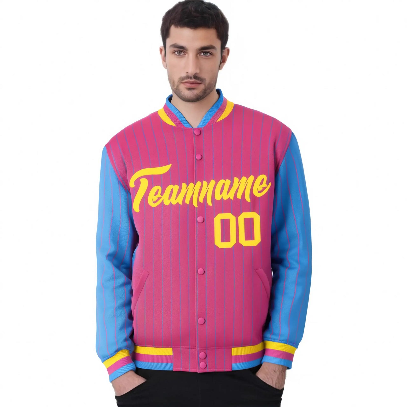 Custom Pink Powder-Blue Pinstripe Gold Bomber Full-Snap Varsity Letterman Jacket