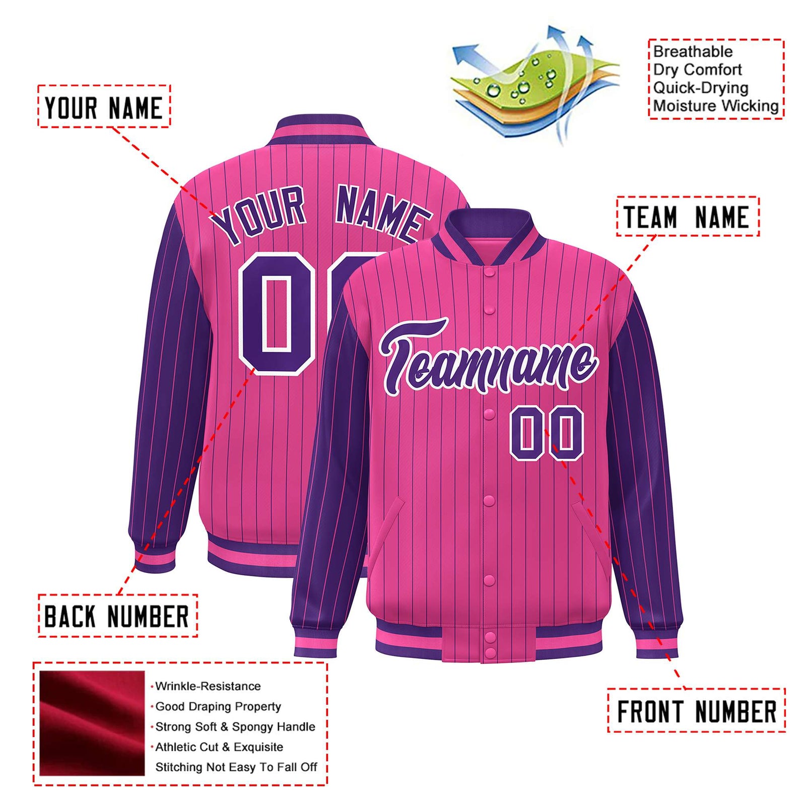 Custom Pink Purple Pinstripe White-Purple Bomber Full-Snap Varsity Letterman Jacket