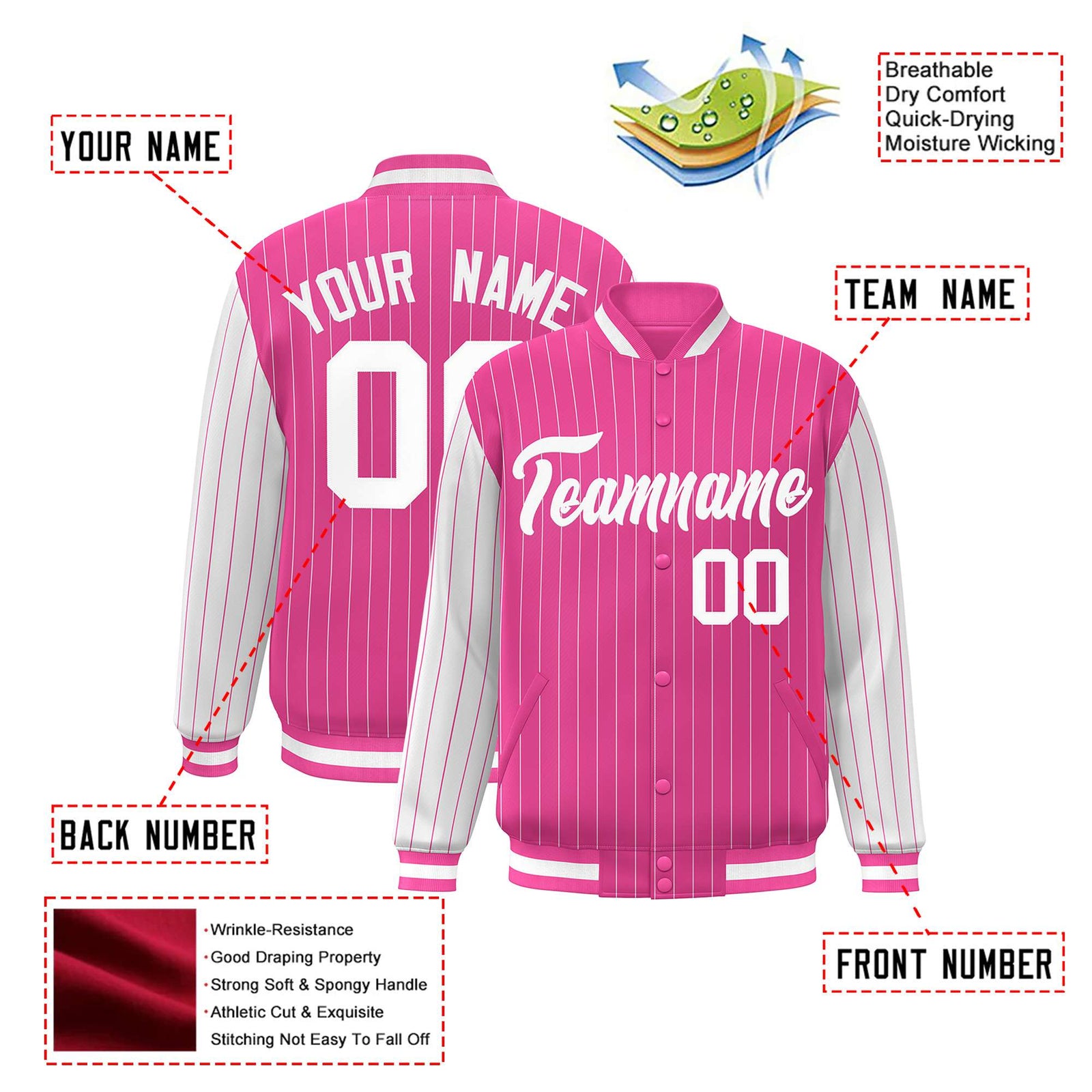 Custom Pink White Pinstripe White Bomber Full-Snap Varsity Letterman Jacket