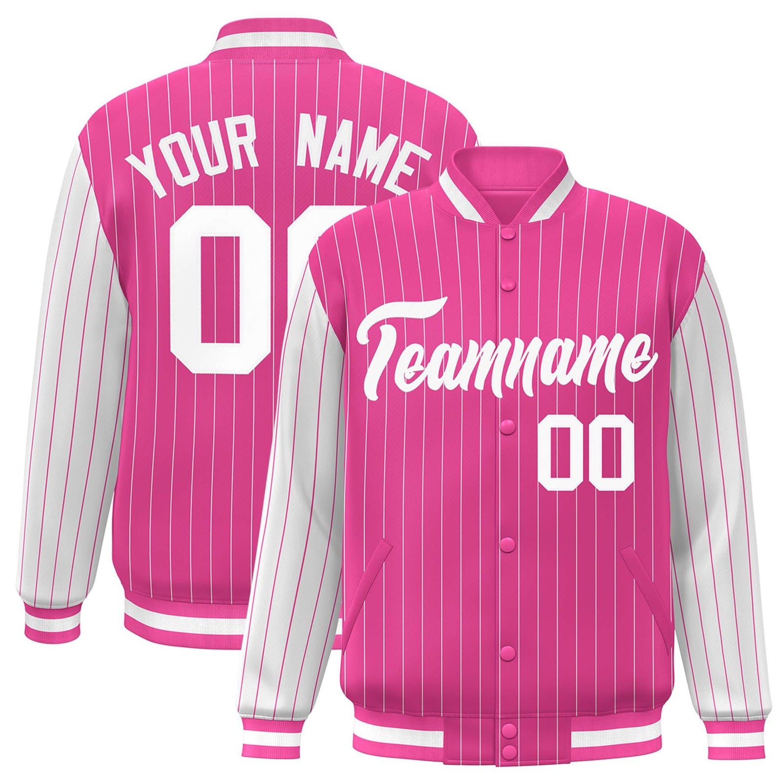 Custom Pink White Pinstripe White Bomber Full-Snap Varsity Letterman Jacket