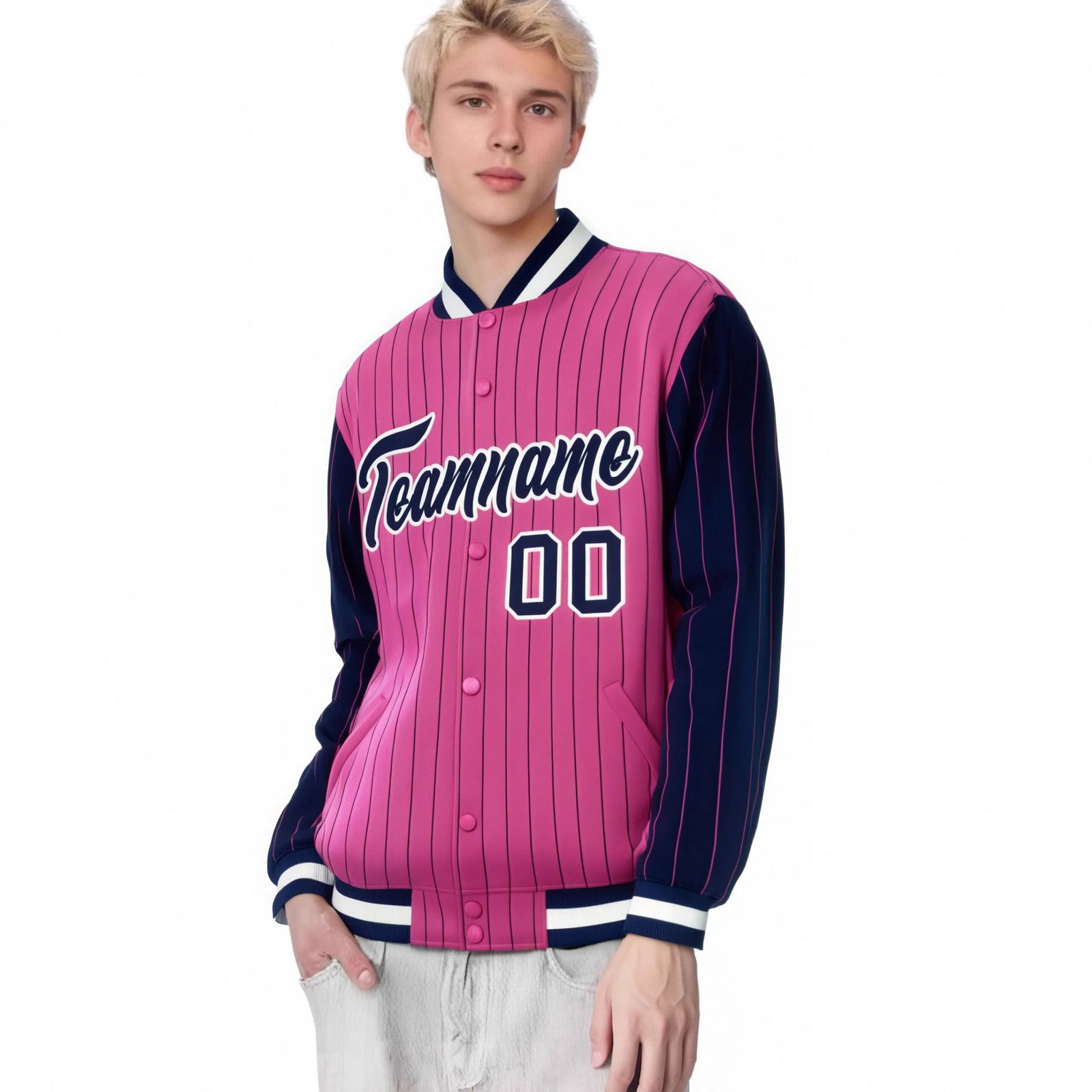 Custom Pink Navy Pinstripe White-Navy Bomber Full-Snap Varsity Letterman Jacket