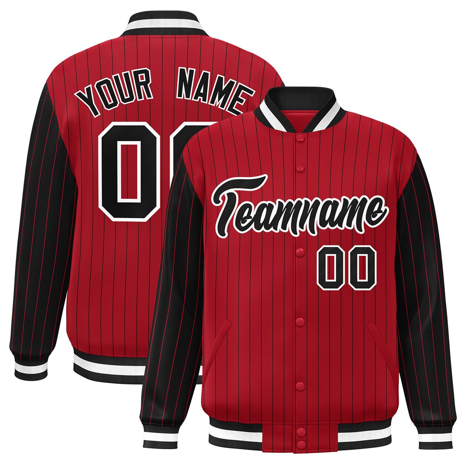 Custom Red Black Pinstripe White-Black Bomber Full-Snap Varsity Letterman Jacket