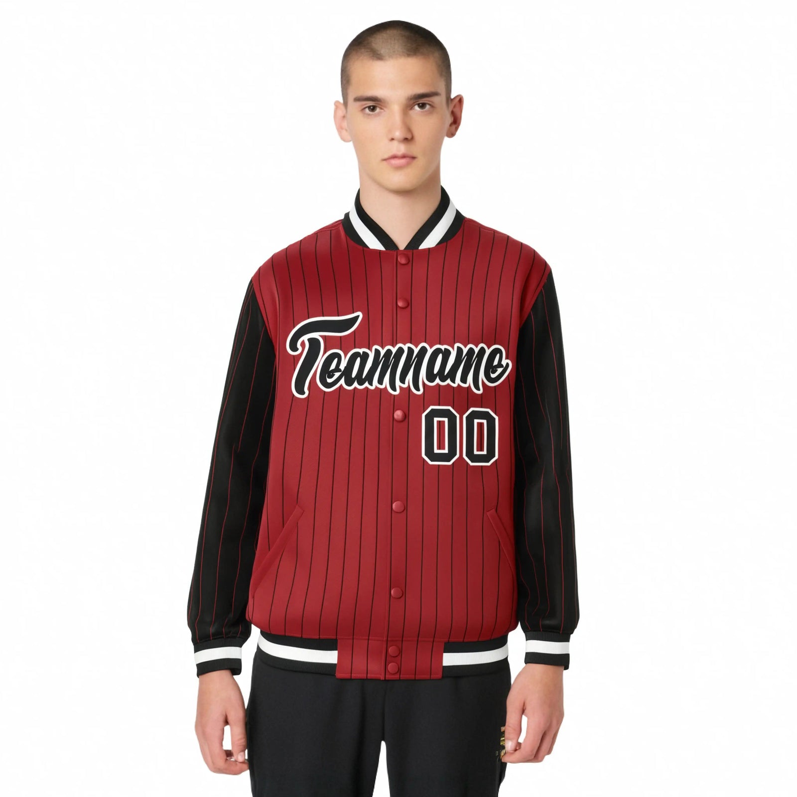 Custom Red Black Pinstripe White-Black Bomber Full-Snap Varsity Letterman Jacket