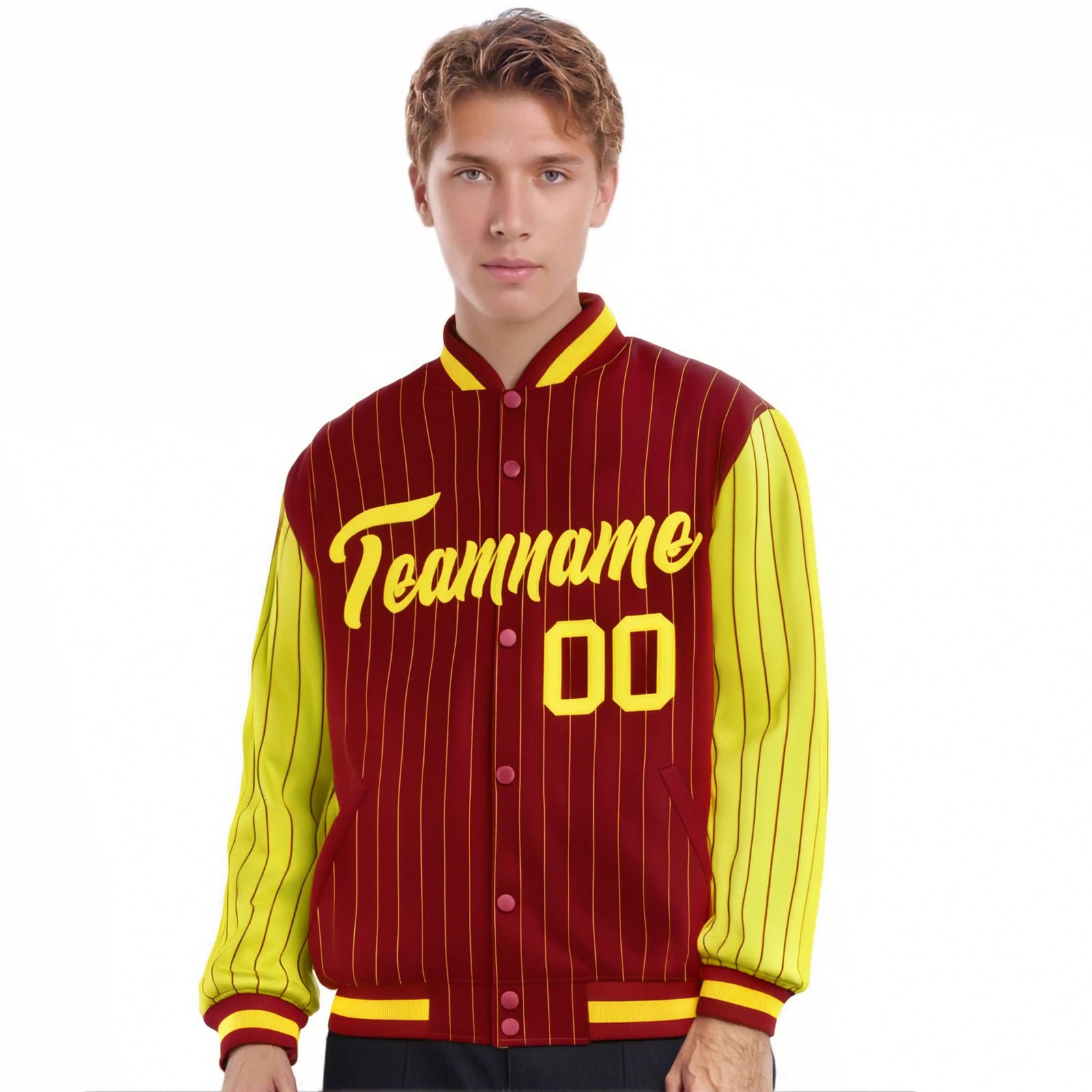 Custom Red Gold Pinstripe Gold Bomber Full-Snap Varsity Letterman Jacket
