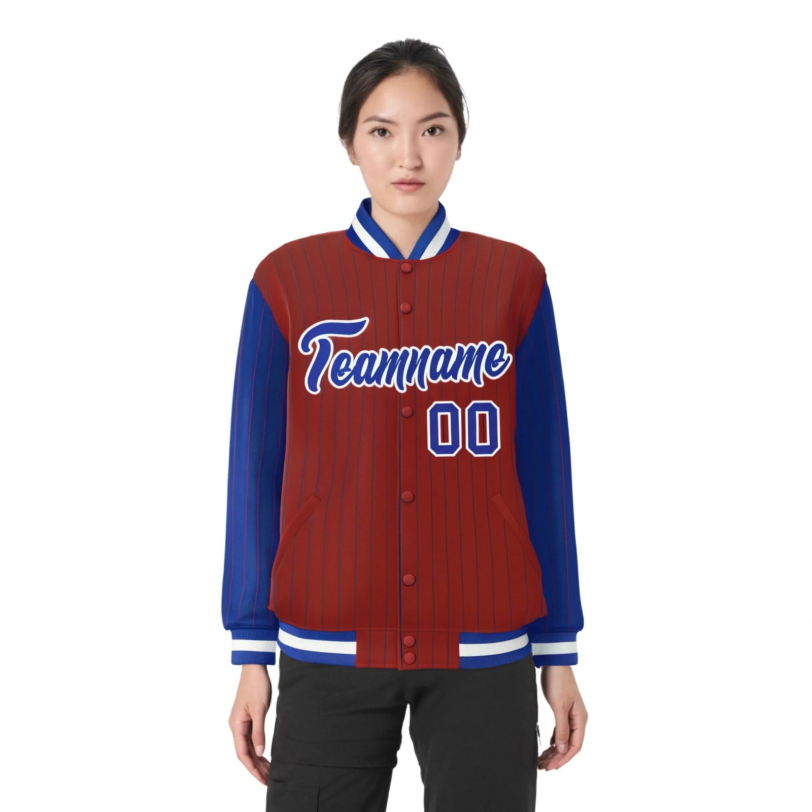Custom Red Royal-Blue Pinstripe White Royal-Blue Bomber Full-Snap Varsity Letterman Jacket
