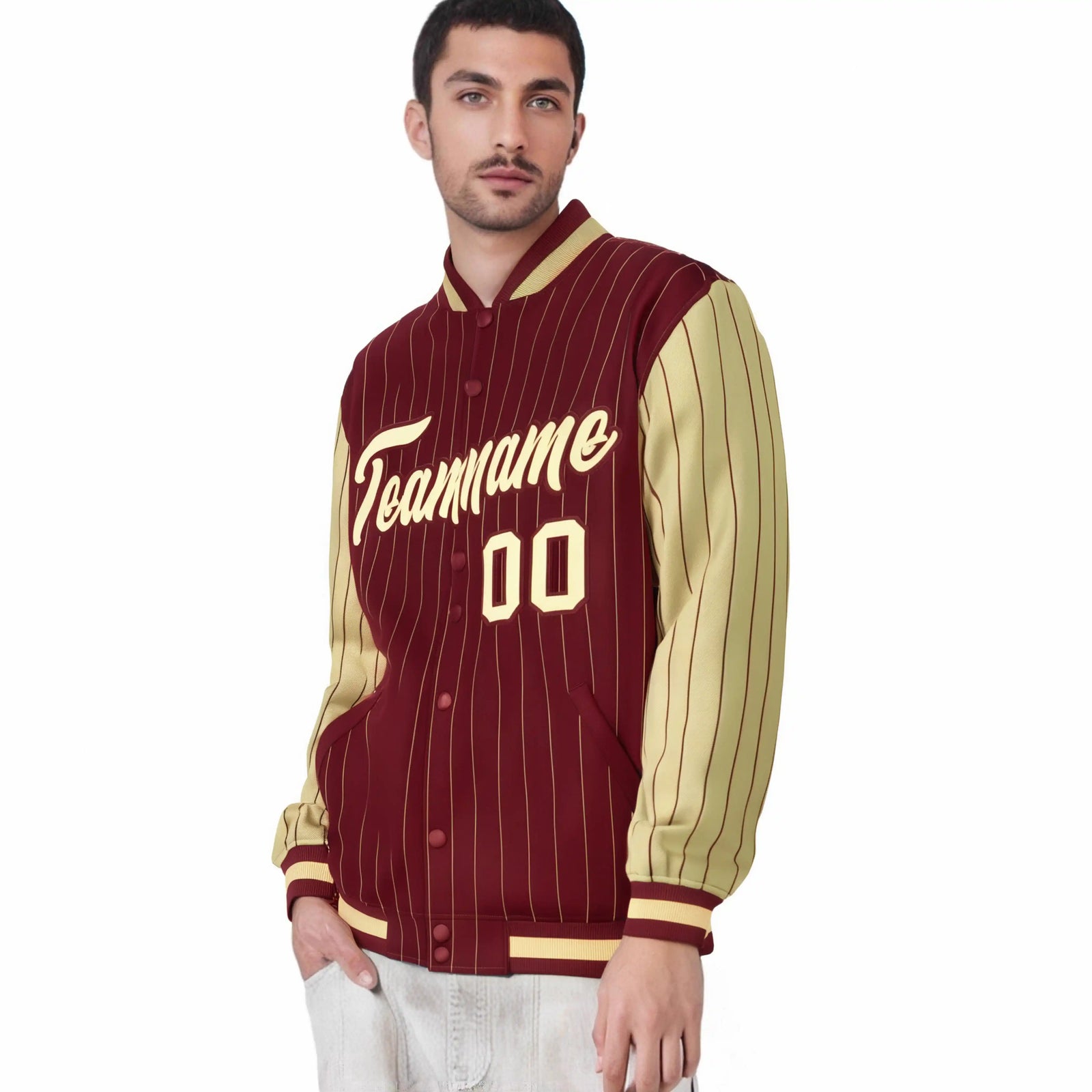 Custom Crimson Old-Gold Pinstripe Old-Gold Bomber Full-Snap Varsity Letterman Jacket