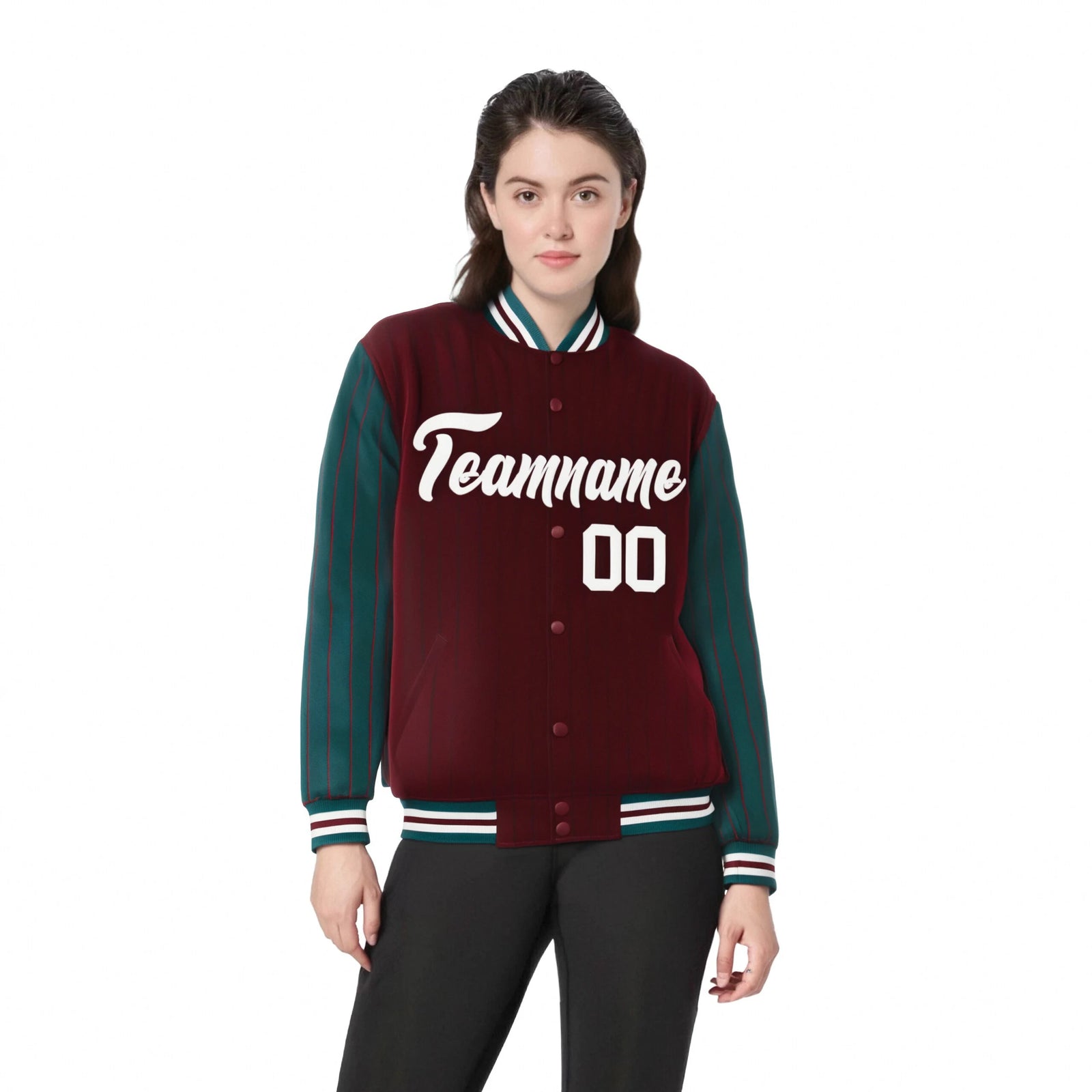 Custom Crimson-Green Pinstripe White Bomber Full-Snap Varsity Letterman Jacket