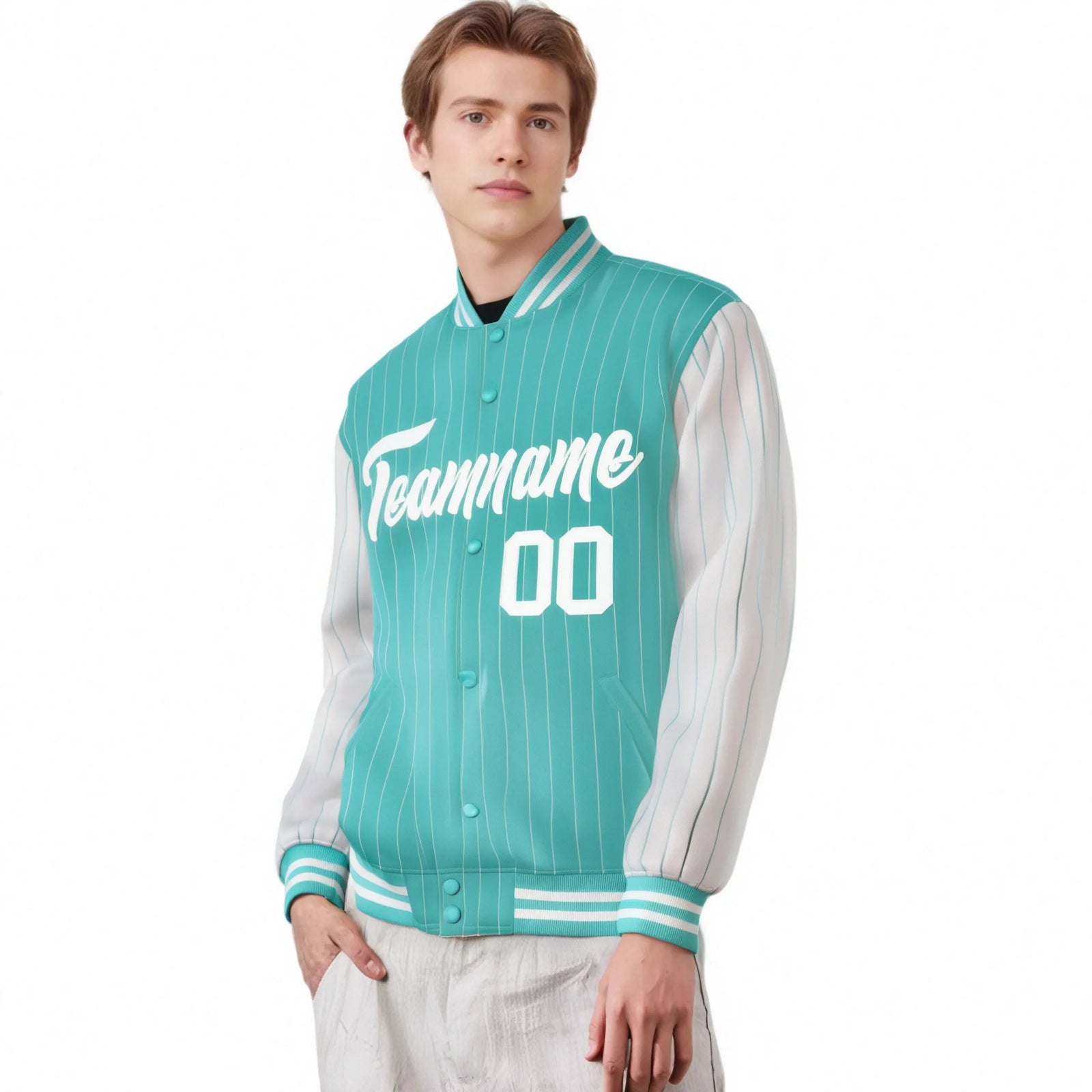 Custom Aqua White Pinstripe White-Aqua Bomber Full-Snap Varsity Letterman Jacket