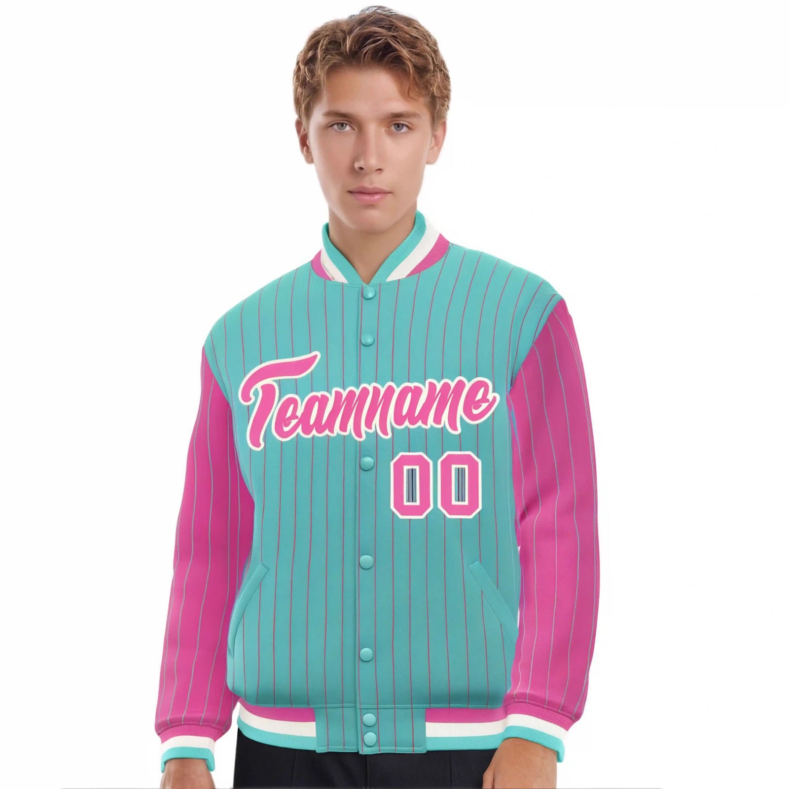 Custom Aqua Pink Pinstripe White-Pink Bomber Full-Snap Varsity Letterman Jacket