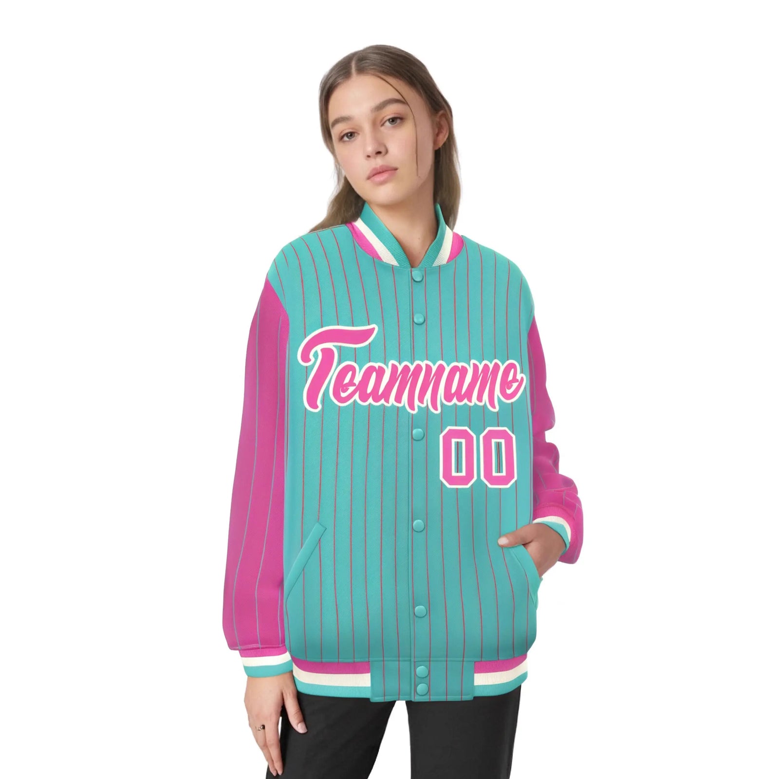 Custom Aqua Pink Pinstripe White-Pink Bomber Full-Snap Varsity Letterman Jacket
