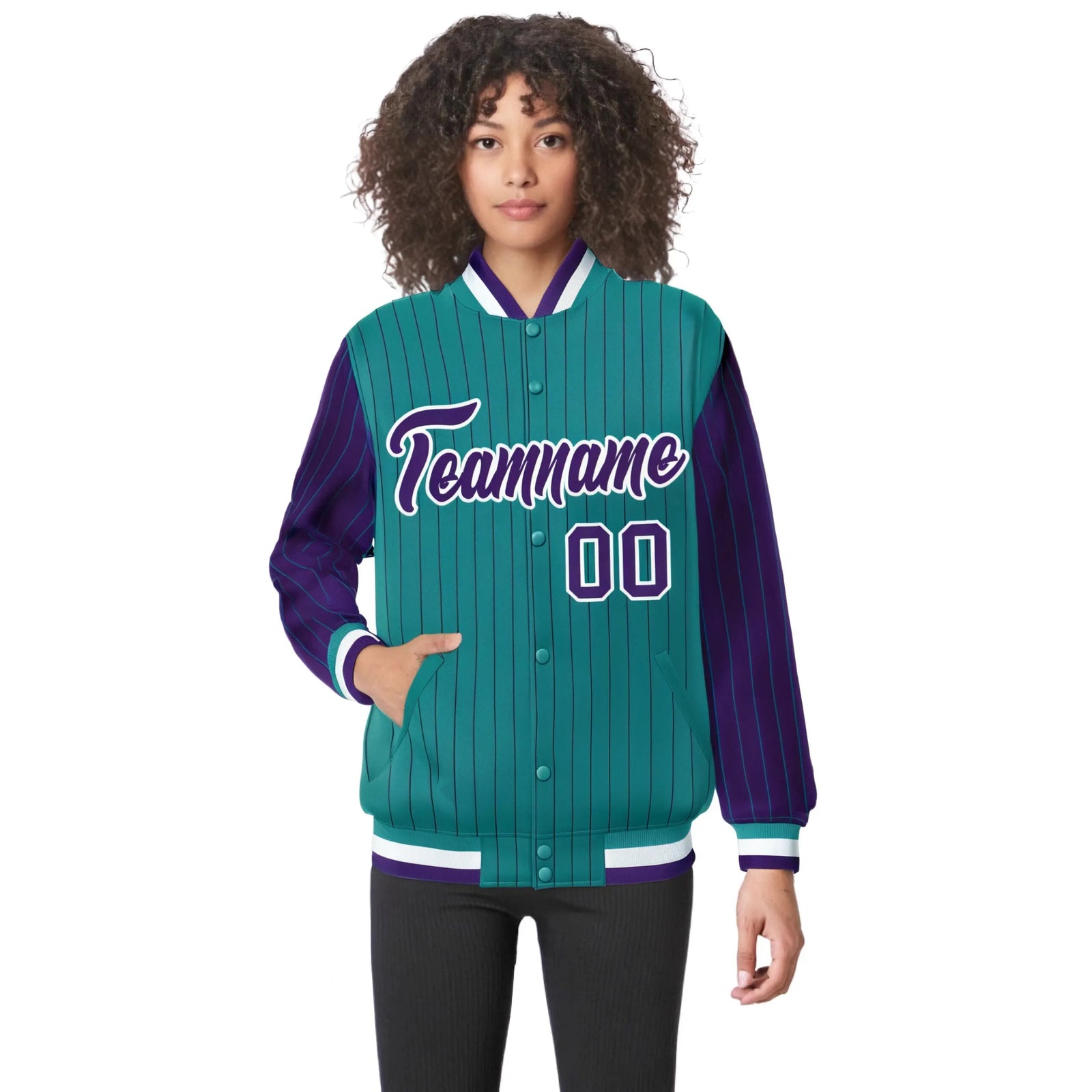 Custom Aqua Purple Pinstripe White-Purple Bomber Full-Snap Varsity Letterman Jacket