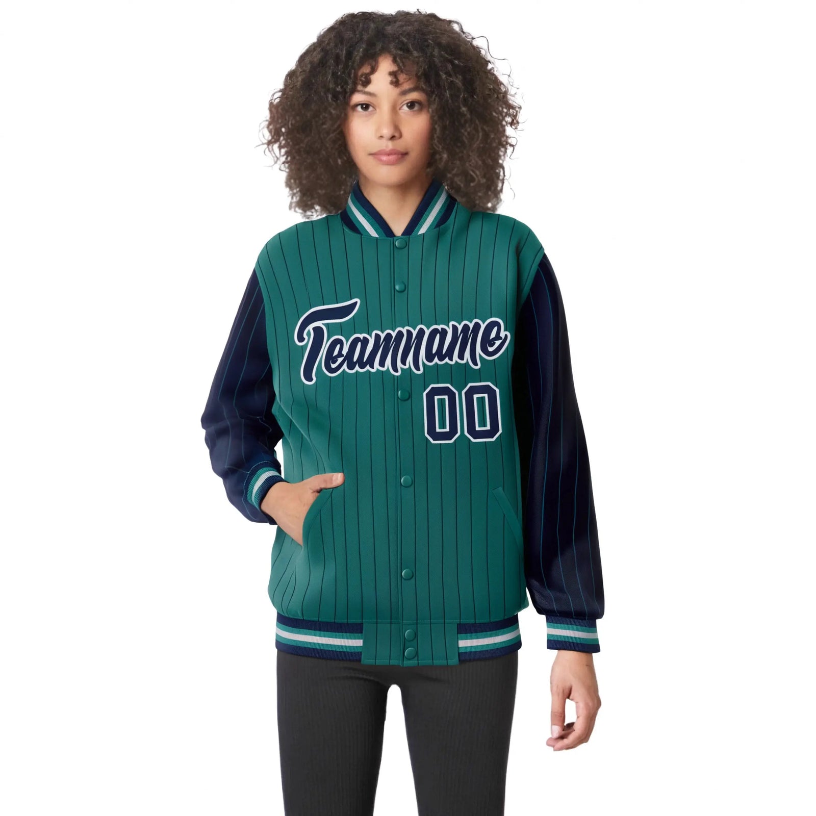 Custom Midnight Green Navy Pinstripe Gray-Navy Bomber Full-Snap Varsity Letterman Jacket