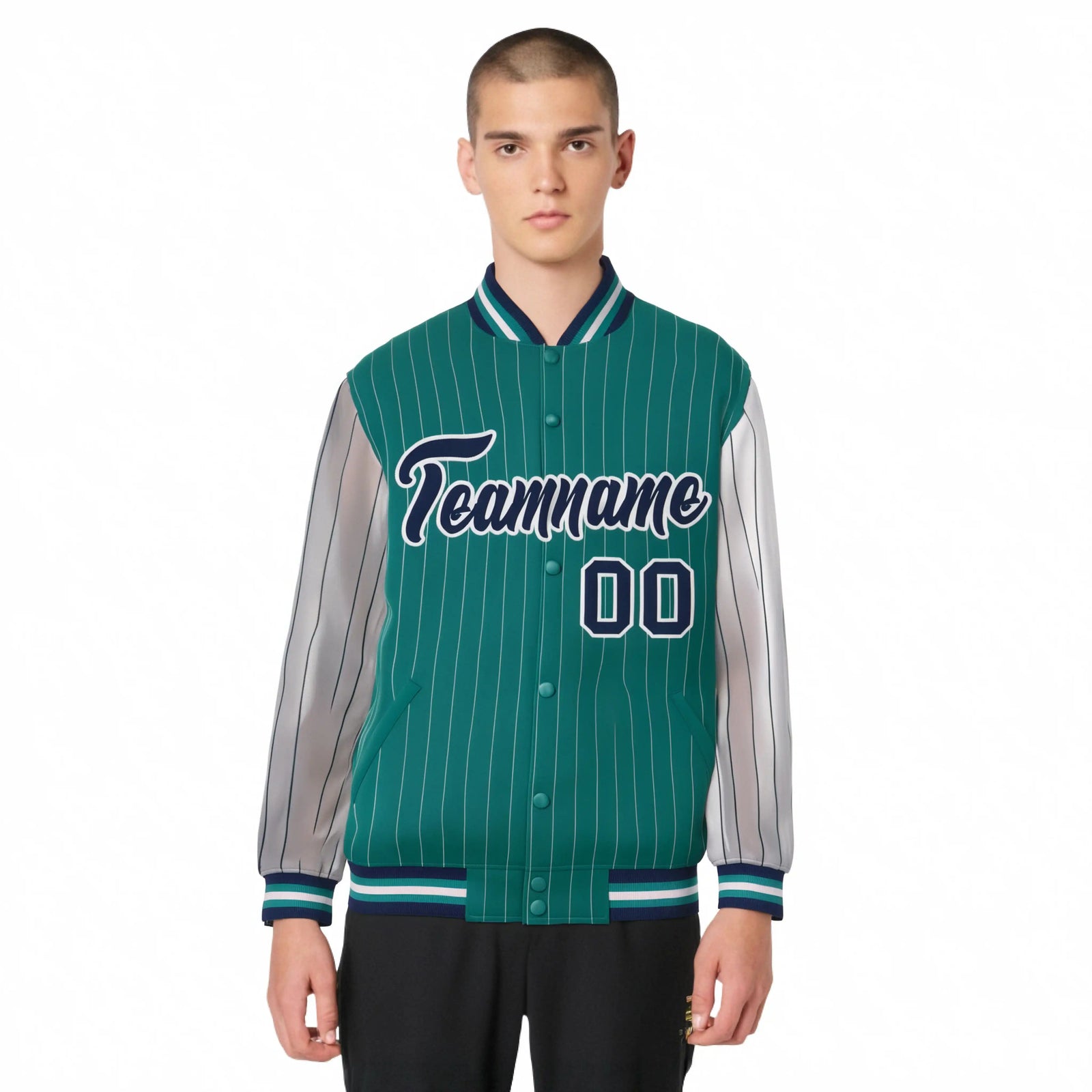 Custom Green Gray Pinstripe Gray-Navy Bomber Full-Snap Varsity Letterman Jacket