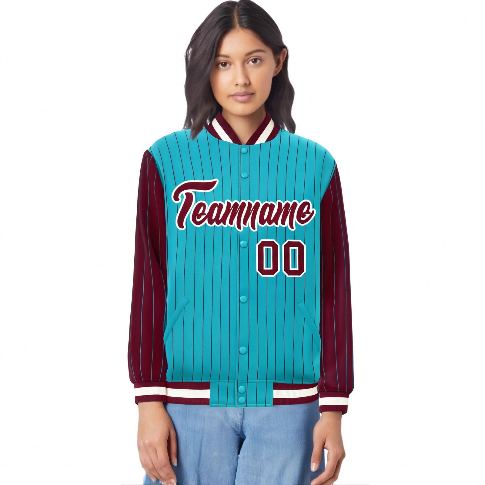 Custom Aqua Crimson Pinstripe White-Crimson Bomber Full-Snap Varsity Letterman Jacket