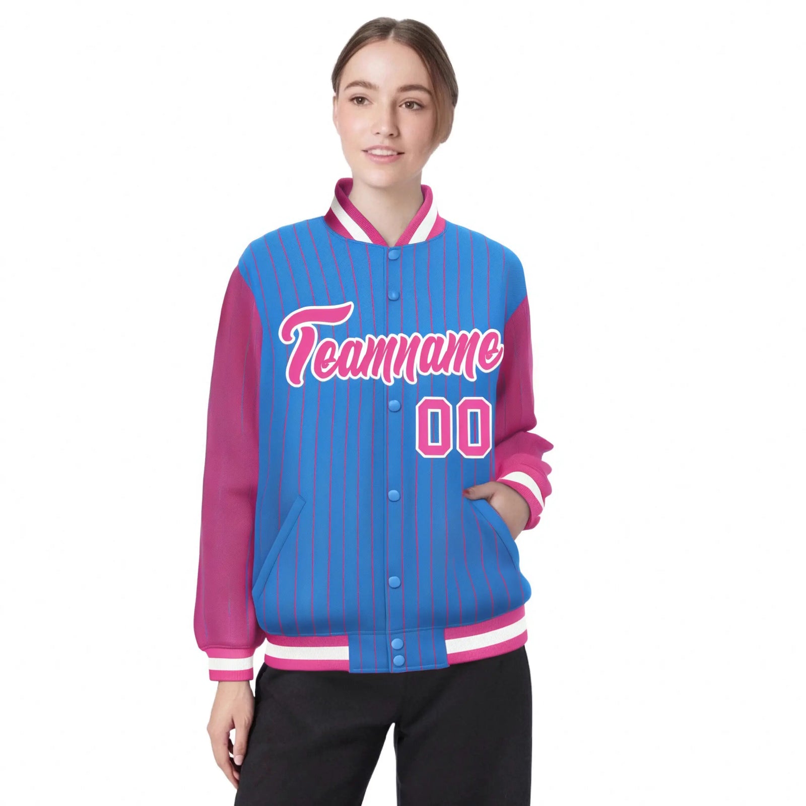 Custom Powder Blue Pink Pinstripe White-Pink Bomber Full-Snap Varsity Letterman Jacket