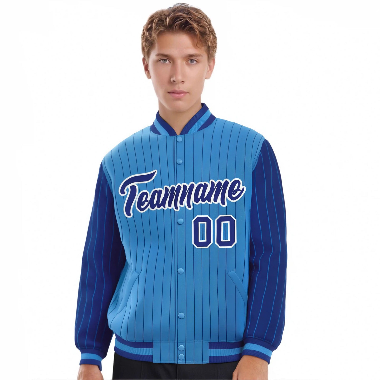 Custom Powder Blue Royal-Blue Pinstripe White Royal-Blue Bomber Full-Snap Varsity Letterman Jacket