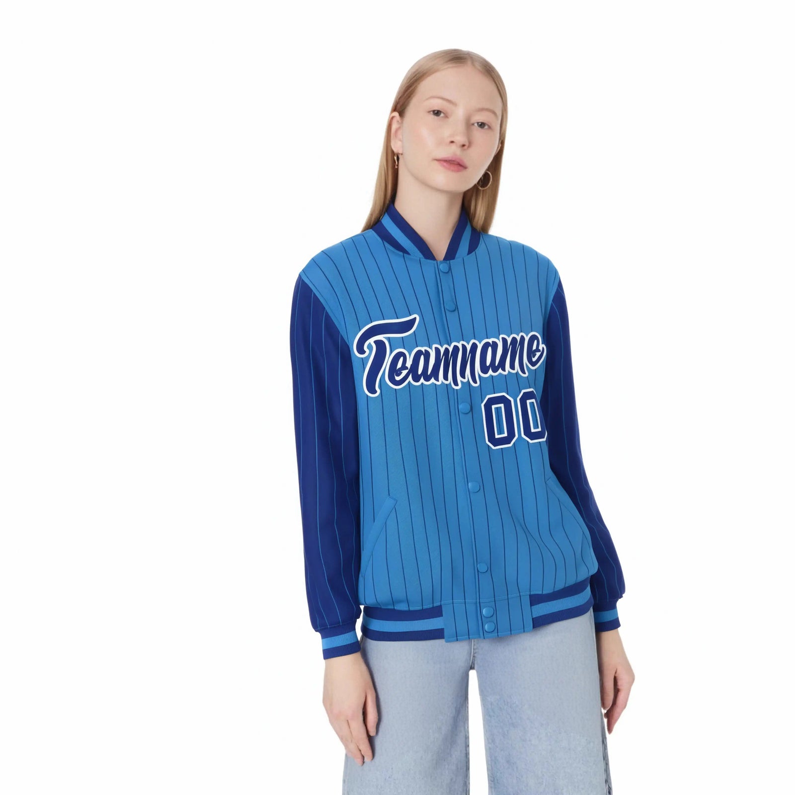 Custom Powder Blue Royal-Blue Pinstripe White Royal-Blue Bomber Full-Snap Varsity Letterman Jacket