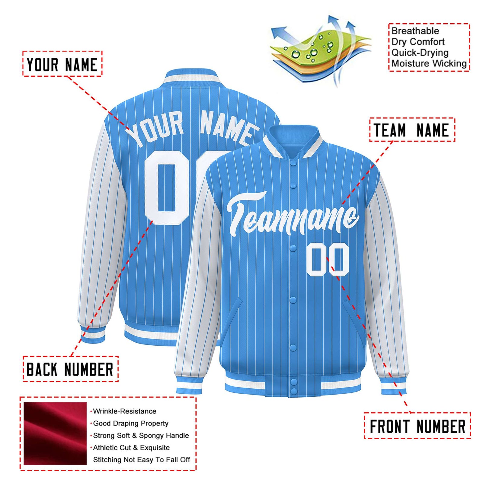 Custom Light Blue White Pinstripe White Bomber Full-Snap Varsity Letterman Jacket