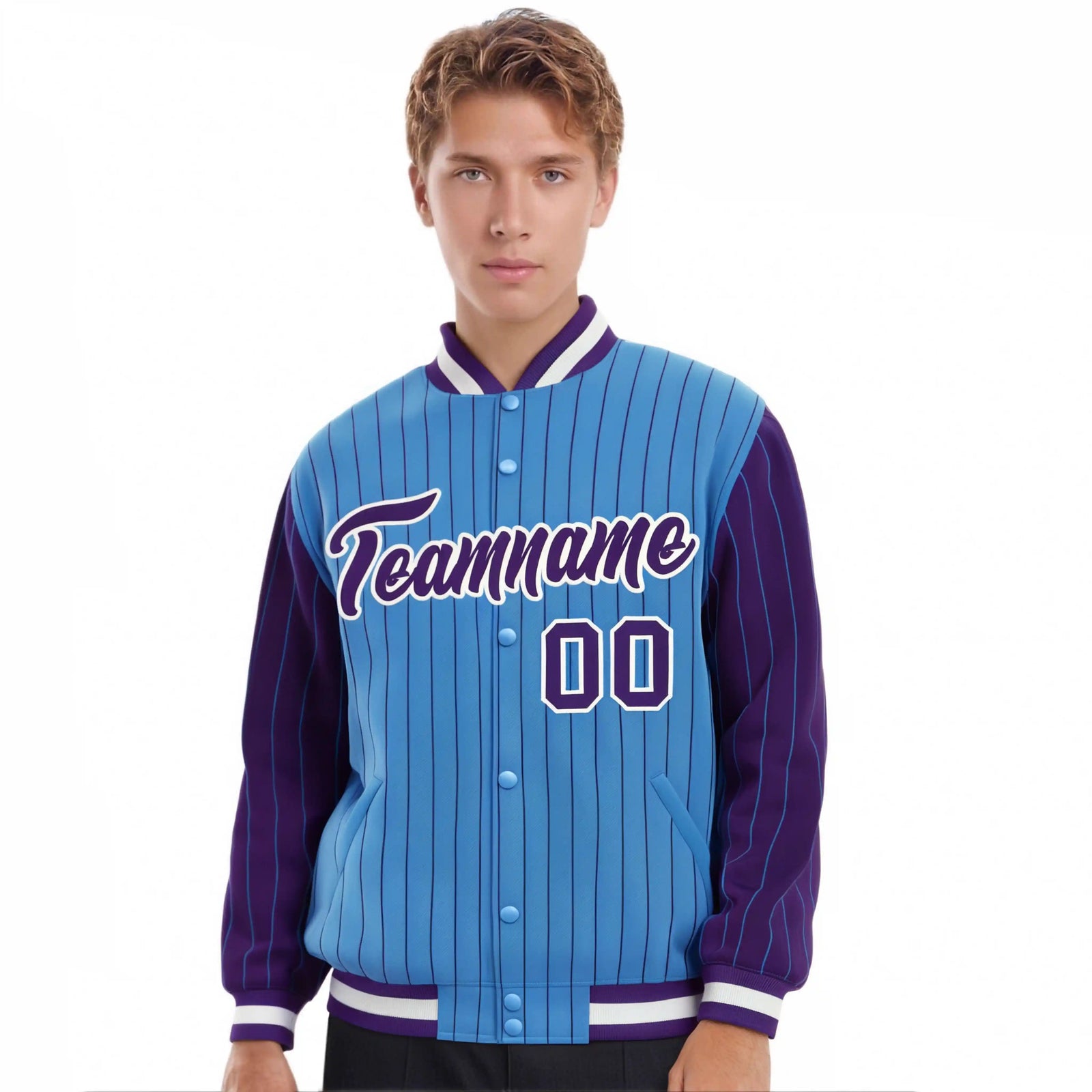 Custom Powder Blue Purple Pinstripe White-Purple Bomber Full-Snap Varsity Letterman Jacket