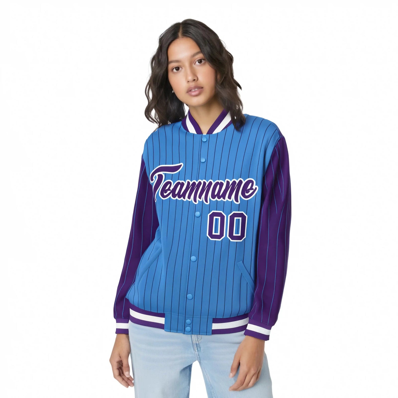 Custom Powder Blue Purple Pinstripe White-Purple Bomber Full-Snap Varsity Letterman Jacket