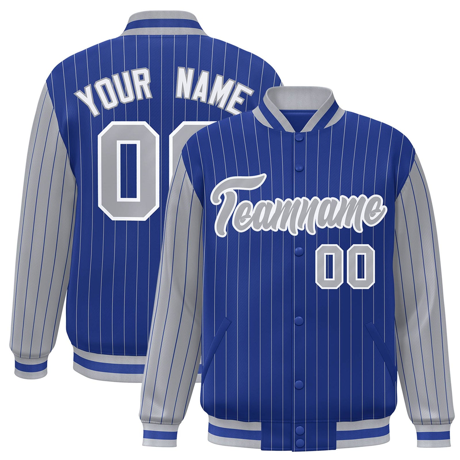 Custom Royal-Blue Gray Pinstripe White-Gray Bomber Full-Snap Varsity Letterman Jacket