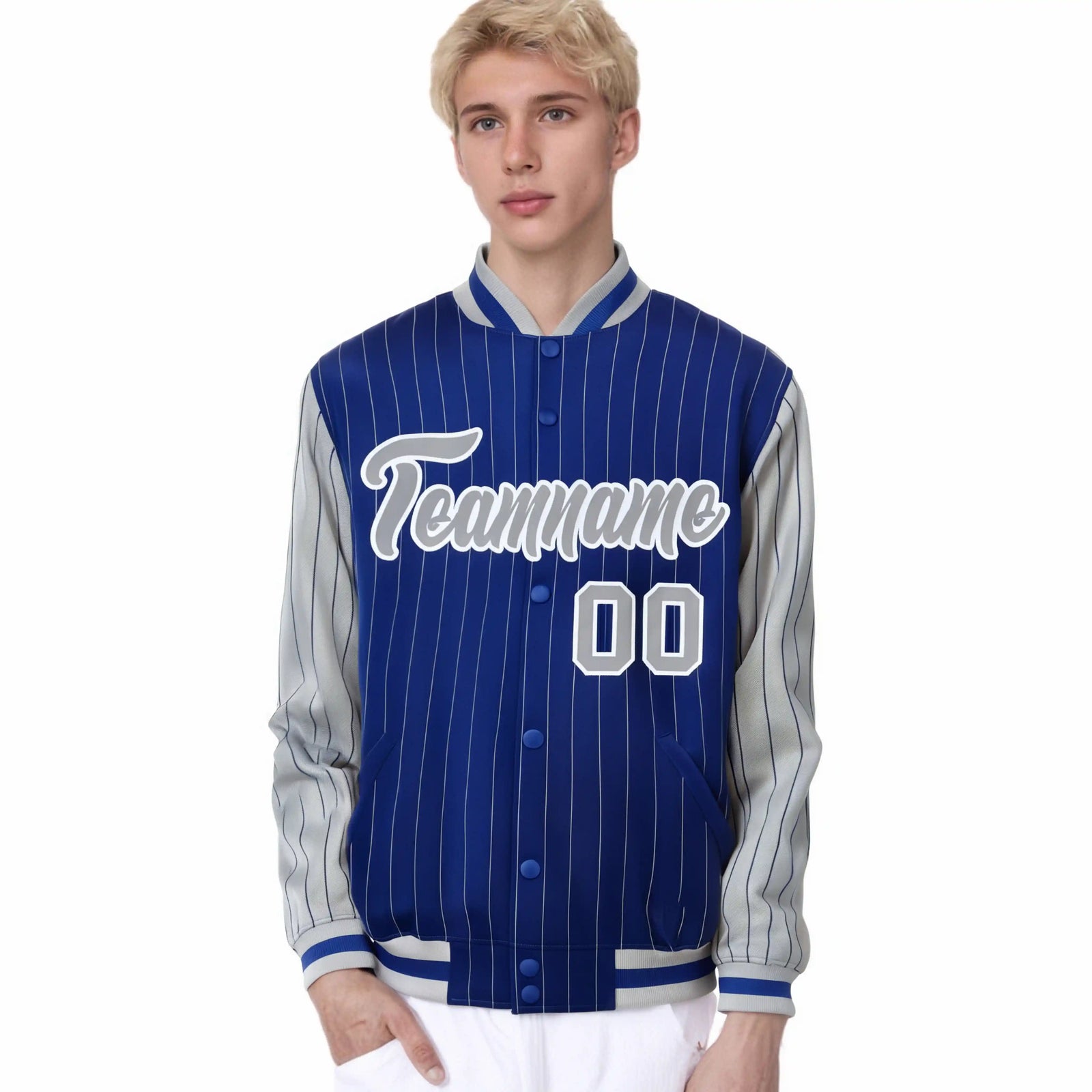 Custom Royal-Blue Gray Pinstripe White-Gray Bomber Full-Snap Varsity Letterman Jacket
