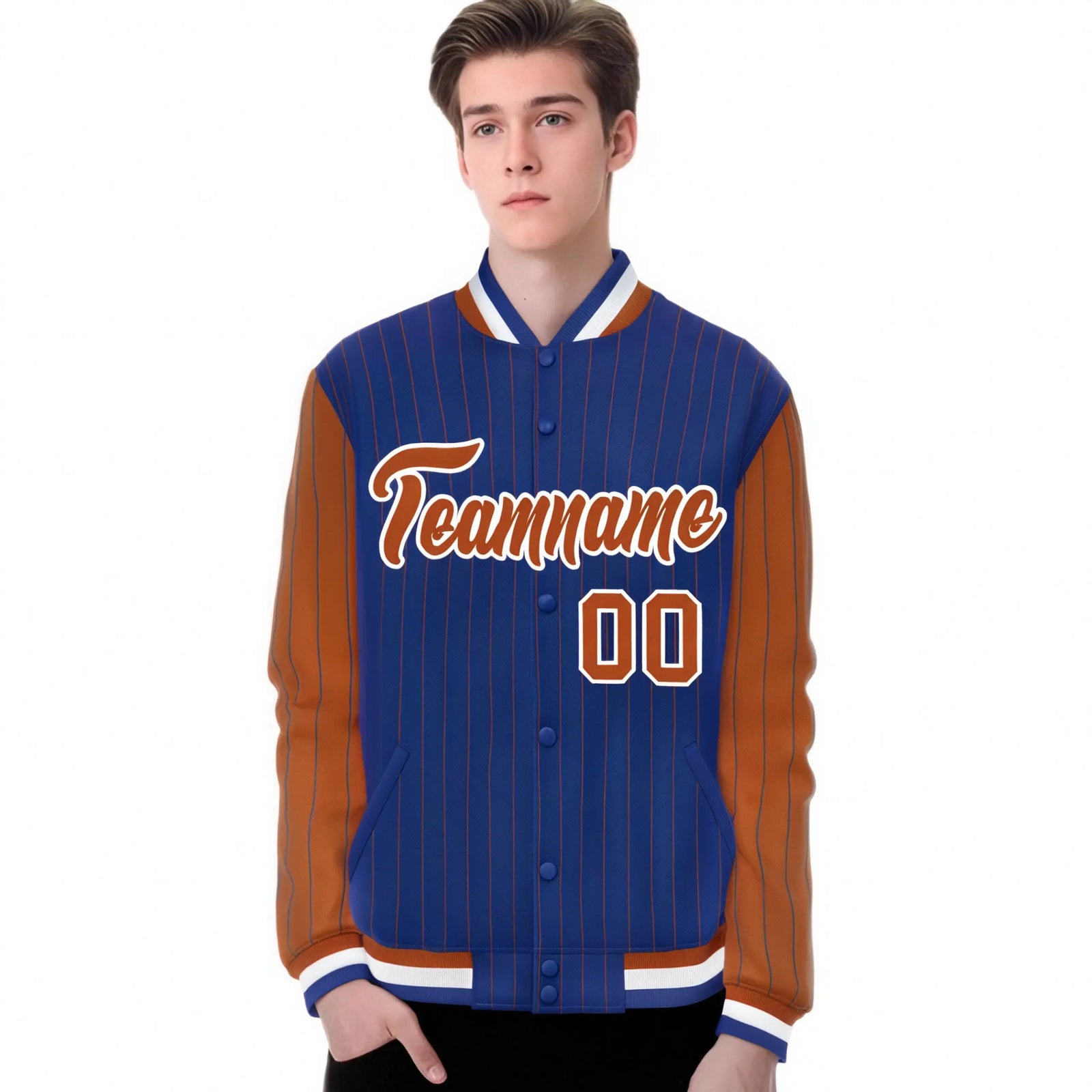 Custom Royal-Blue Brown Pinstripe White-Brown Bomber Full-Snap Varsity Letterman Jacket
