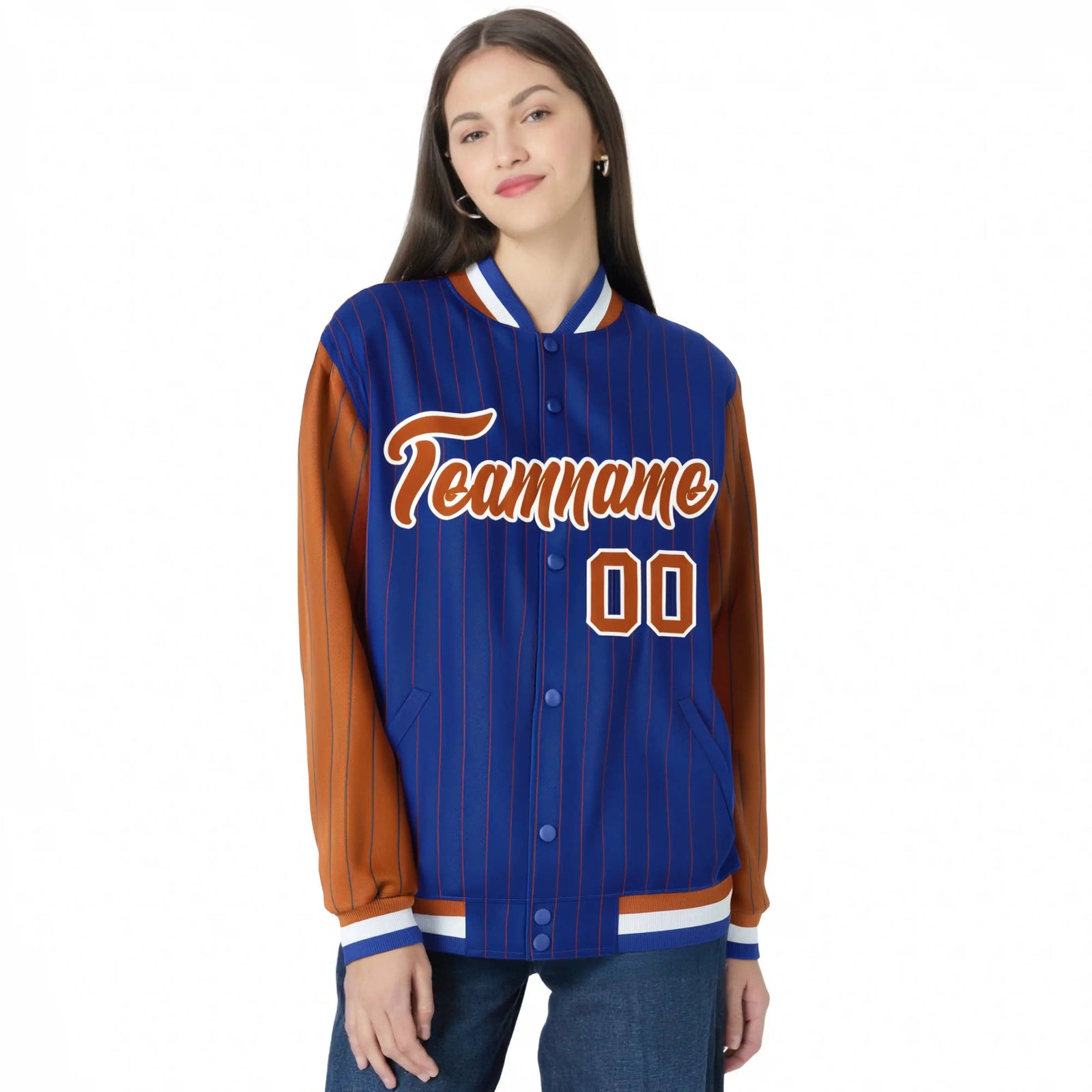 Custom Royal-Blue Brown Pinstripe White-Brown Bomber Full-Snap Varsity Letterman Jacket