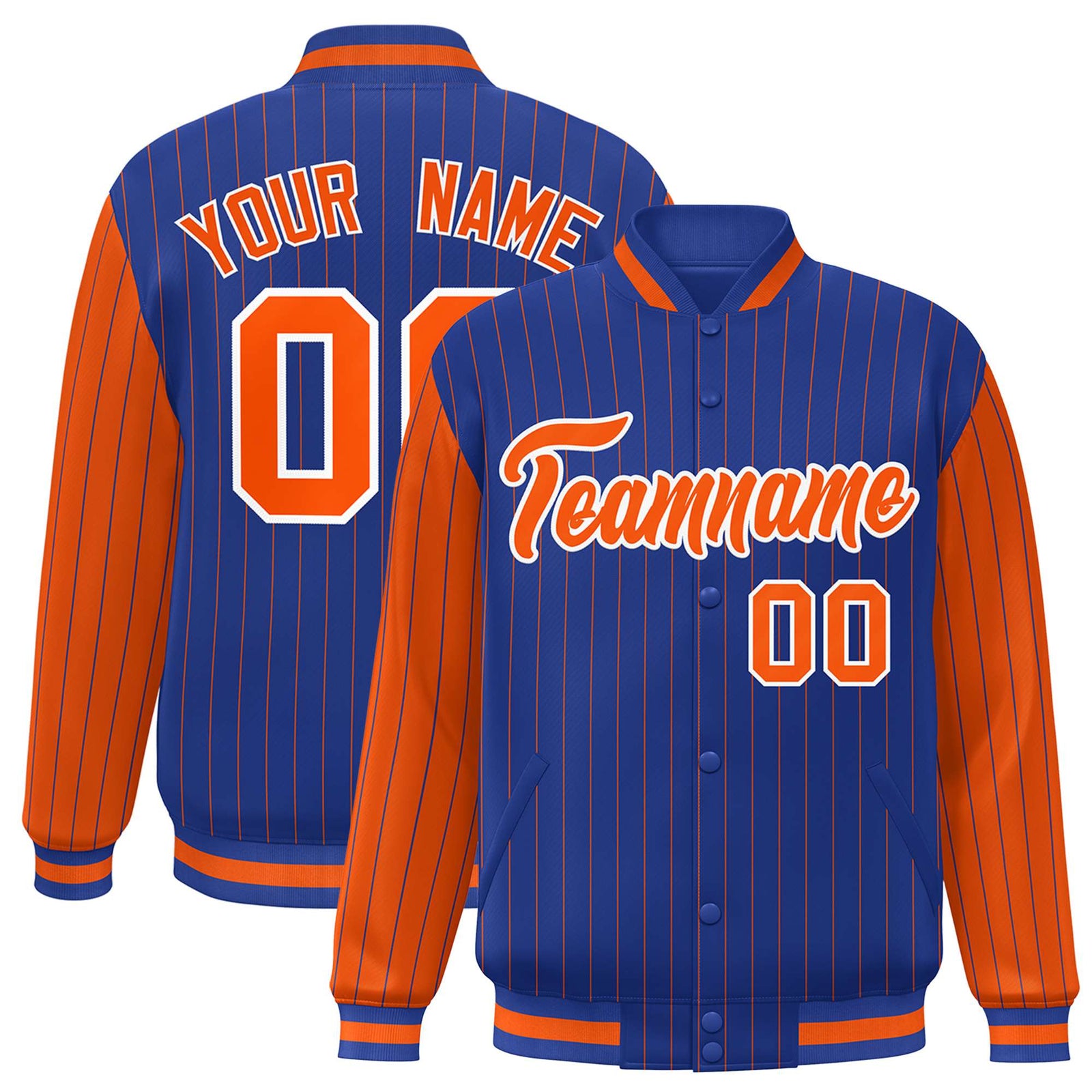 Custom Royal-Blue Orange Pinstripe White-Orange Bomber Full-Snap Varsity Letterman Jacket