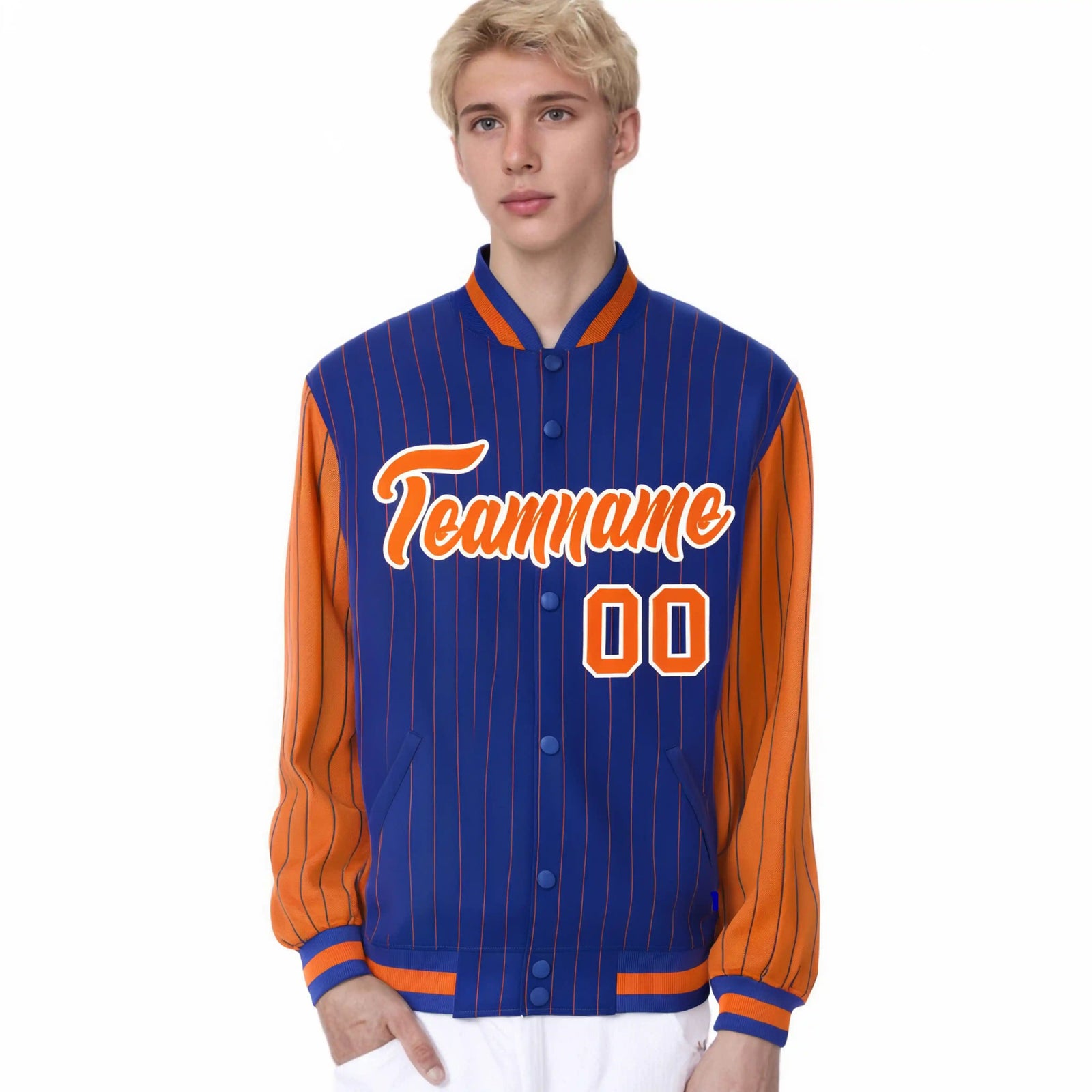Custom Royal-Blue Orange Pinstripe White-Orange Bomber Full-Snap Varsity Letterman Jacket