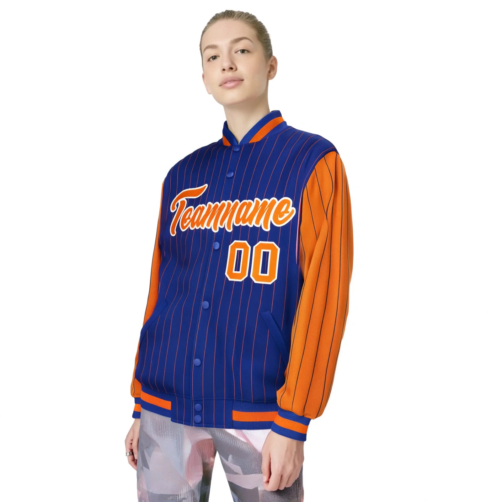 Custom Royal-Blue Orange Pinstripe White-Orange Bomber Full-Snap Varsity Letterman Jacket