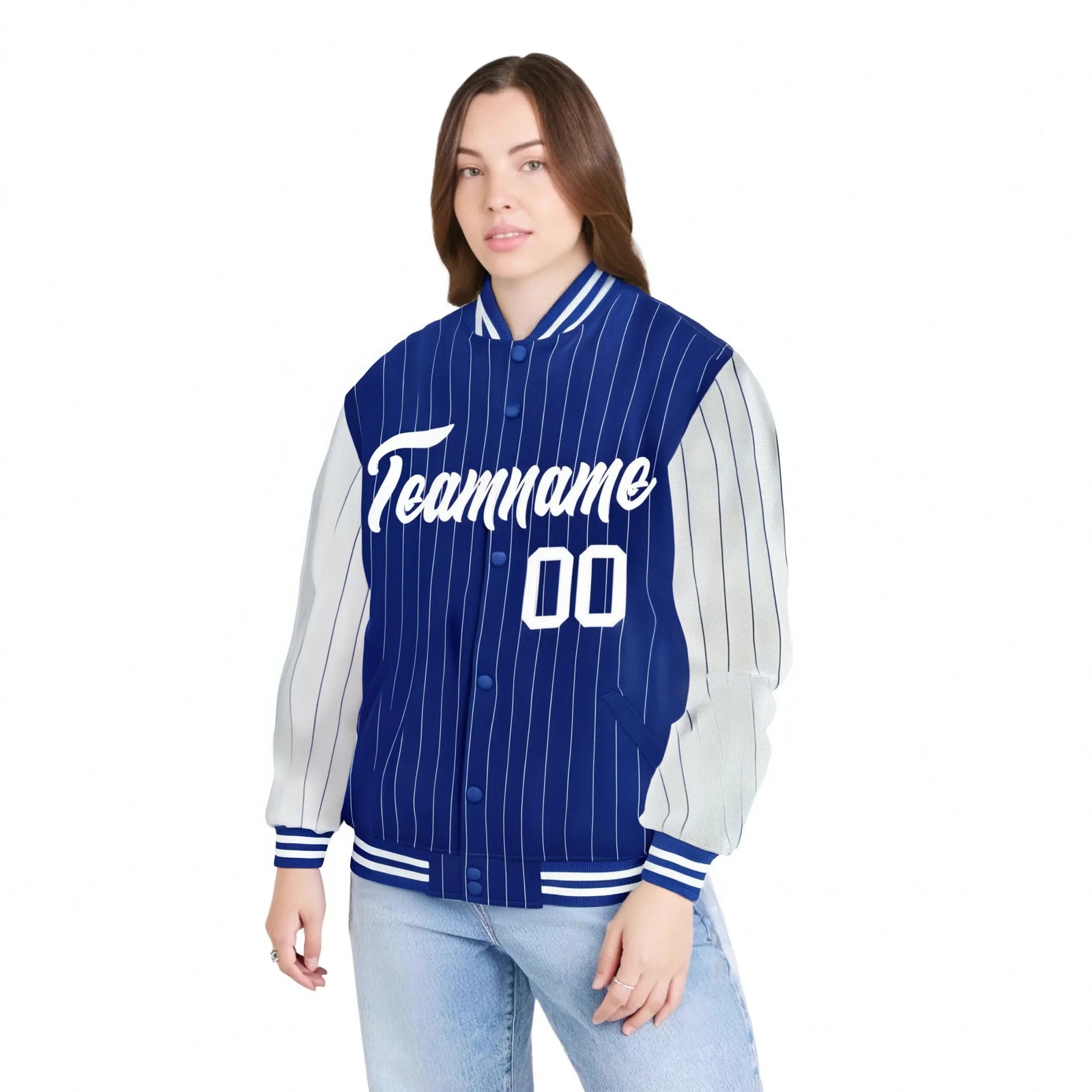 Custom Royal-Blue White Pinstripe White Bomber Full-Snap Varsity Letterman Jacket