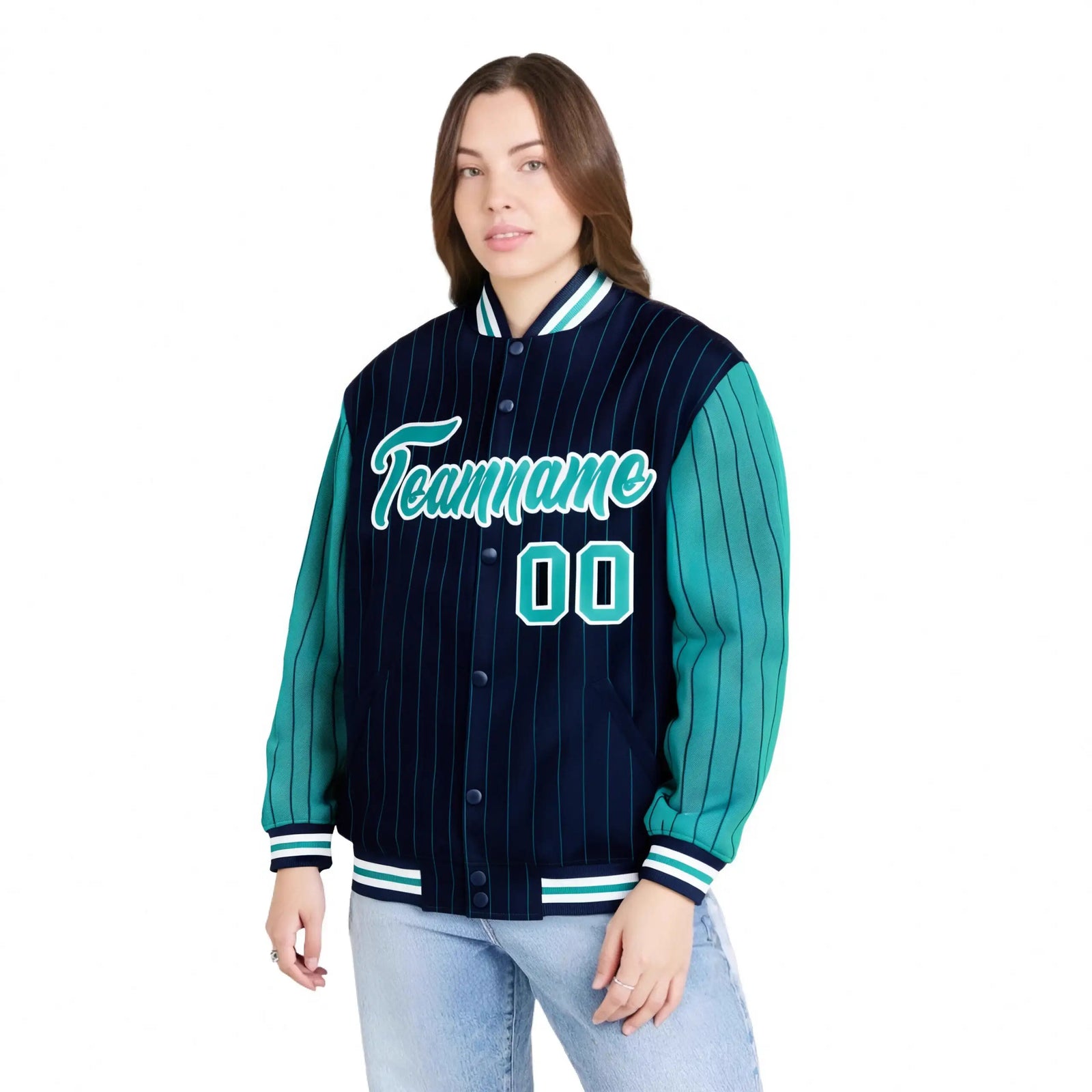Custom Navy-Aqua Pinstripe White-Aqua Bomber Full-Snap Varsity Letterman Jacket