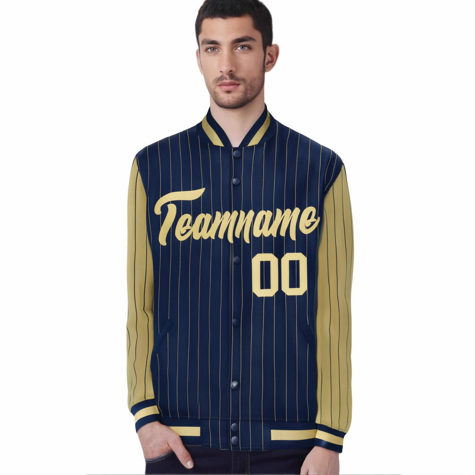 Custom Navy Old-Gold Pinstripe Old-Gold Bomber Full-Snap Varsity Letterman Jacket