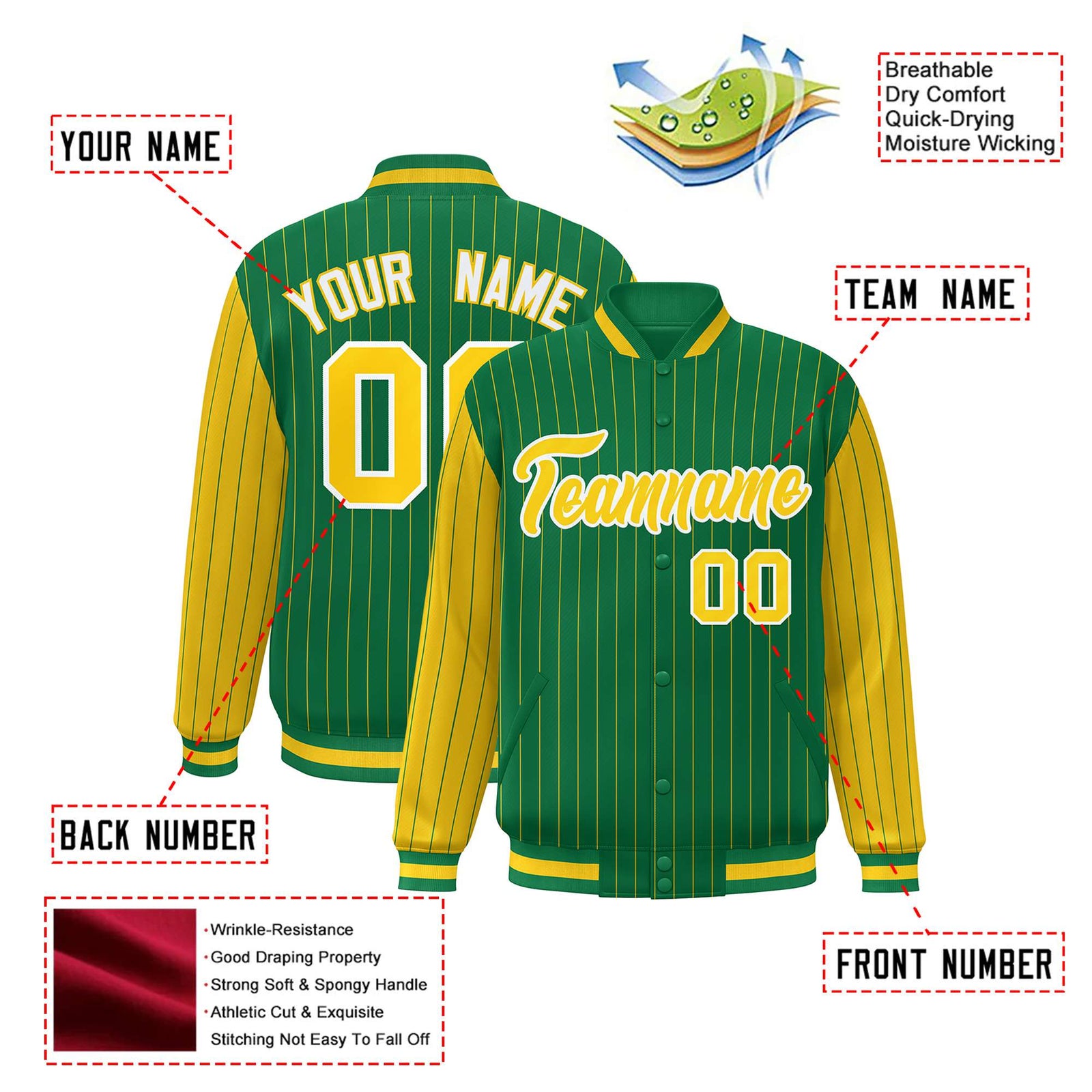 Custom Kelly Green Gold Pinstripe White-Gold Bomber Full-Snap Varsity Letterman Jacket