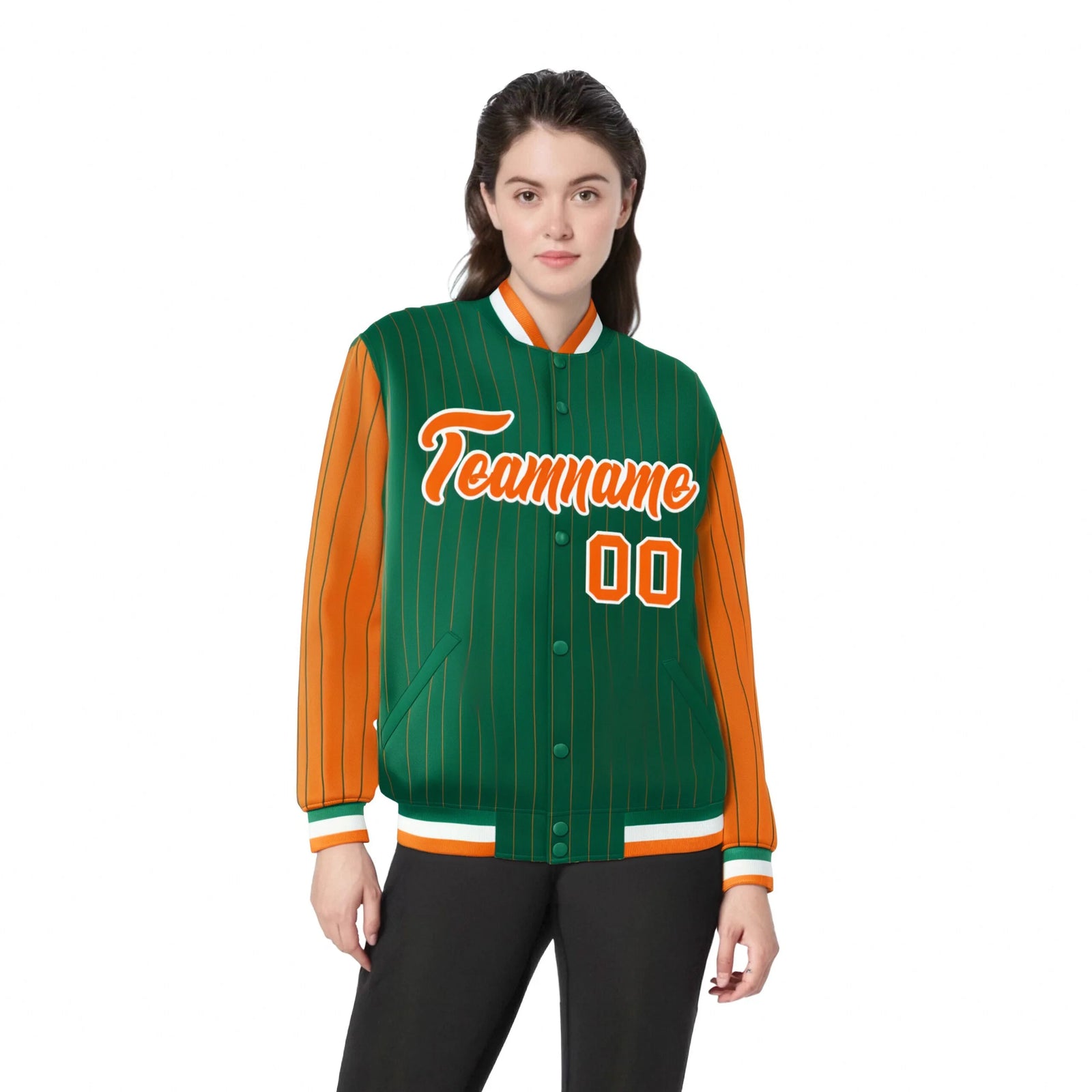 Custom Kelly Green Orange Pinstripe White-Orange Bomber Full-Snap Varsity Letterman Jacket