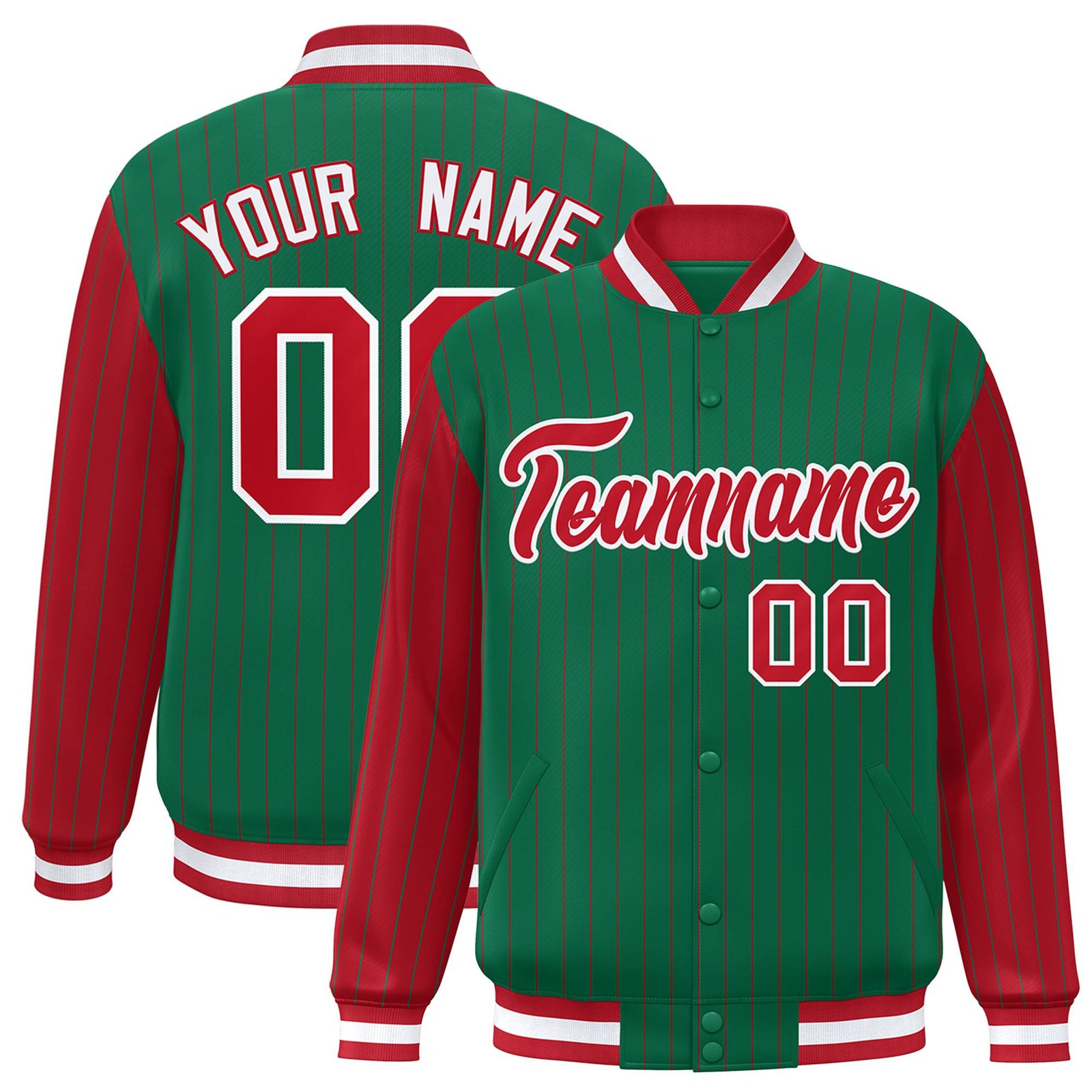 Custom Kelly Green Red Pinstripe White-Red Bomber Full-Snap Varsity Letterman Jacket