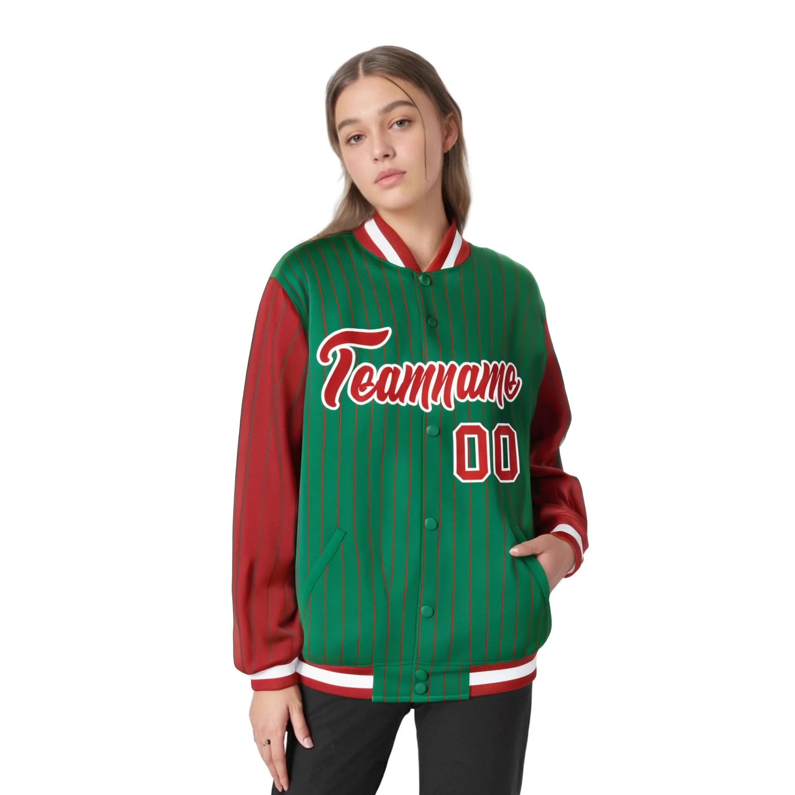 Custom Kelly Green Red Pinstripe White-Red Bomber Full-Snap Varsity Letterman Jacket