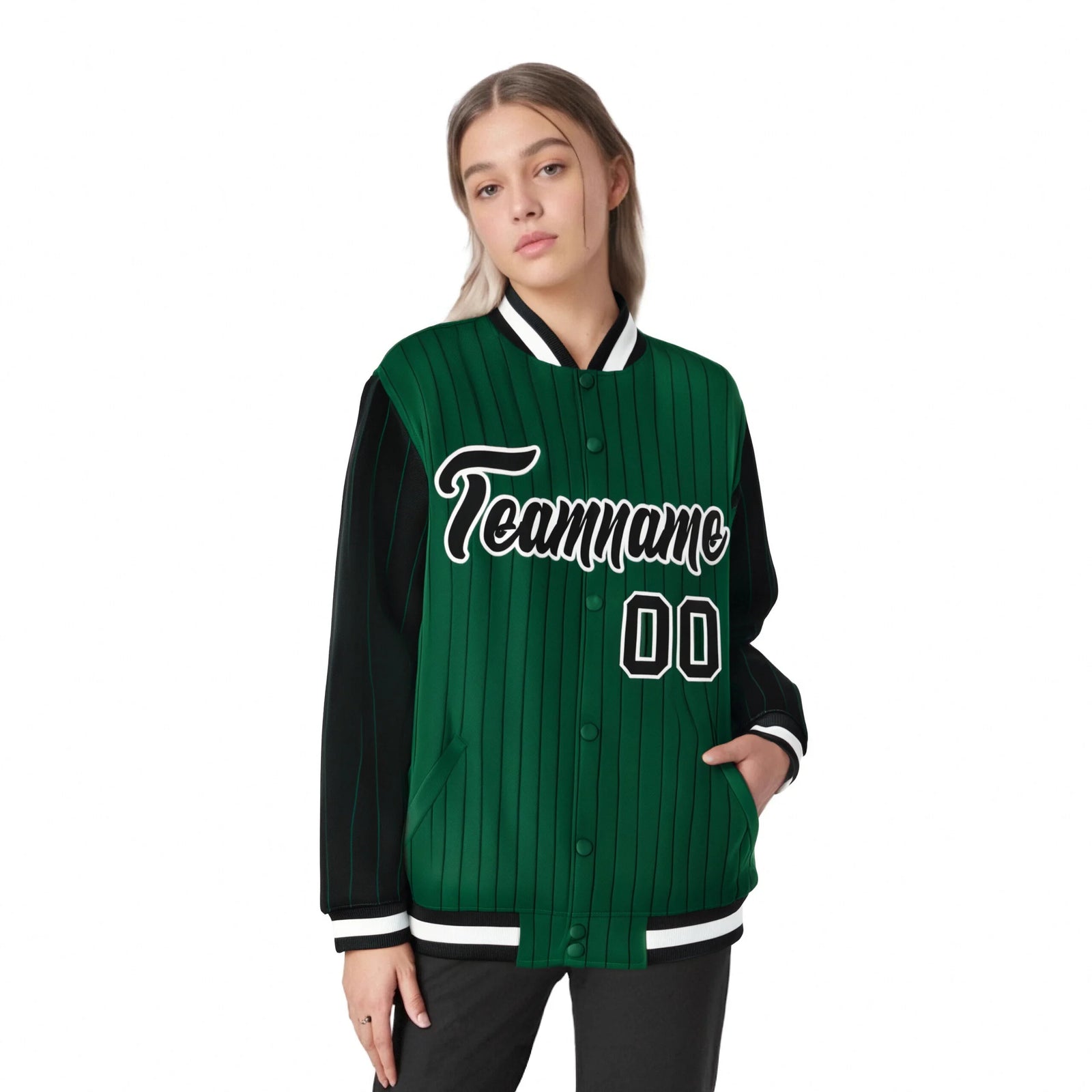 Custom Kelly Green Black Pinstripe White-Black Bomber Full-Snap Varsity Letterman Jacket