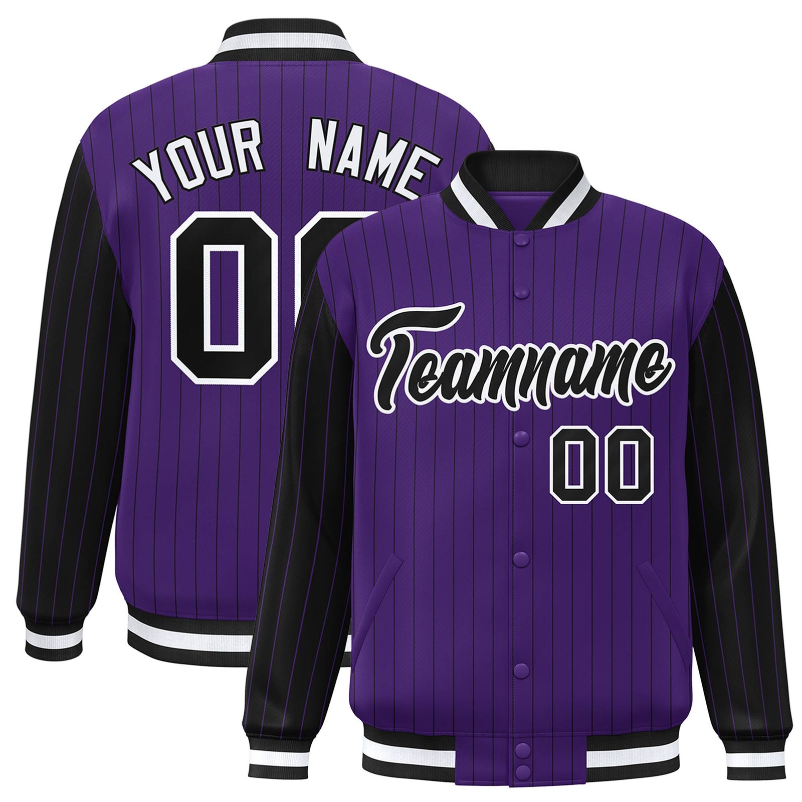 Custom Purple Black Pinstripe White-Black Bomber Full-Snap Varsity Letterman Jacket