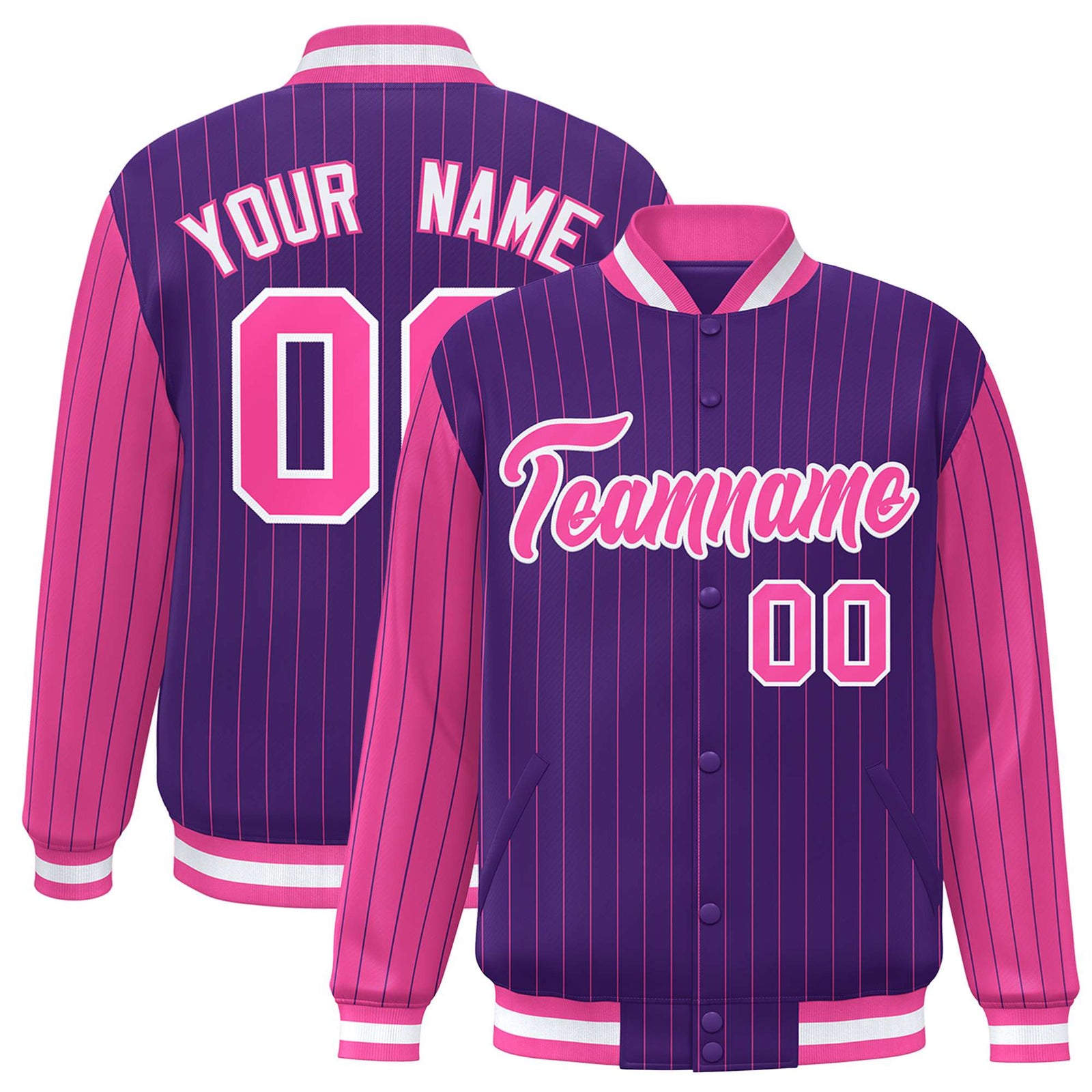 Custom Purple Pink Pinstripe White-Pink Bomber Full-Snap Varsity Letterman Jacket