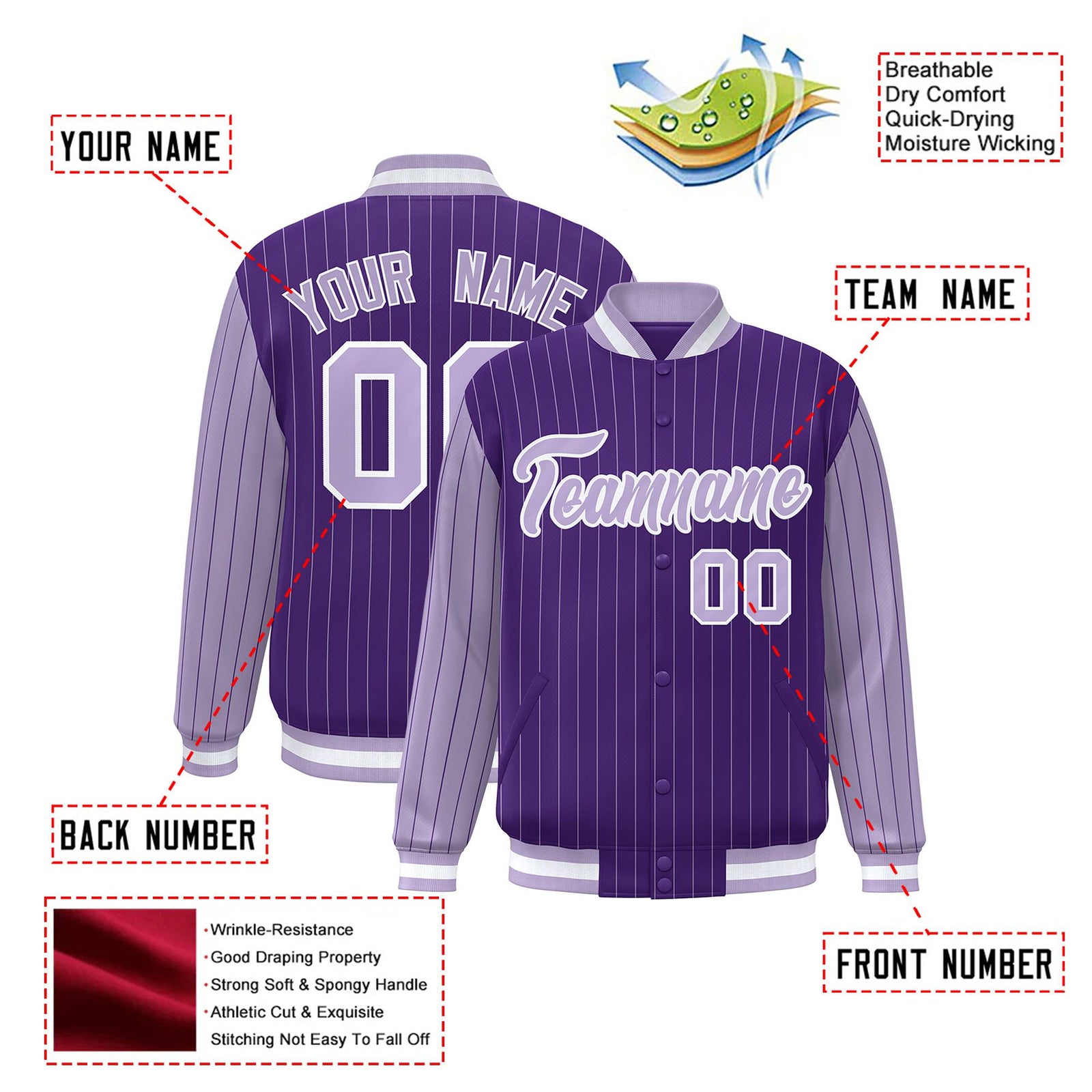 Custom Purple Light-Purple Pinstripe White Light-Purple Bomber Full-Snap Varsity Letterman Jacket
