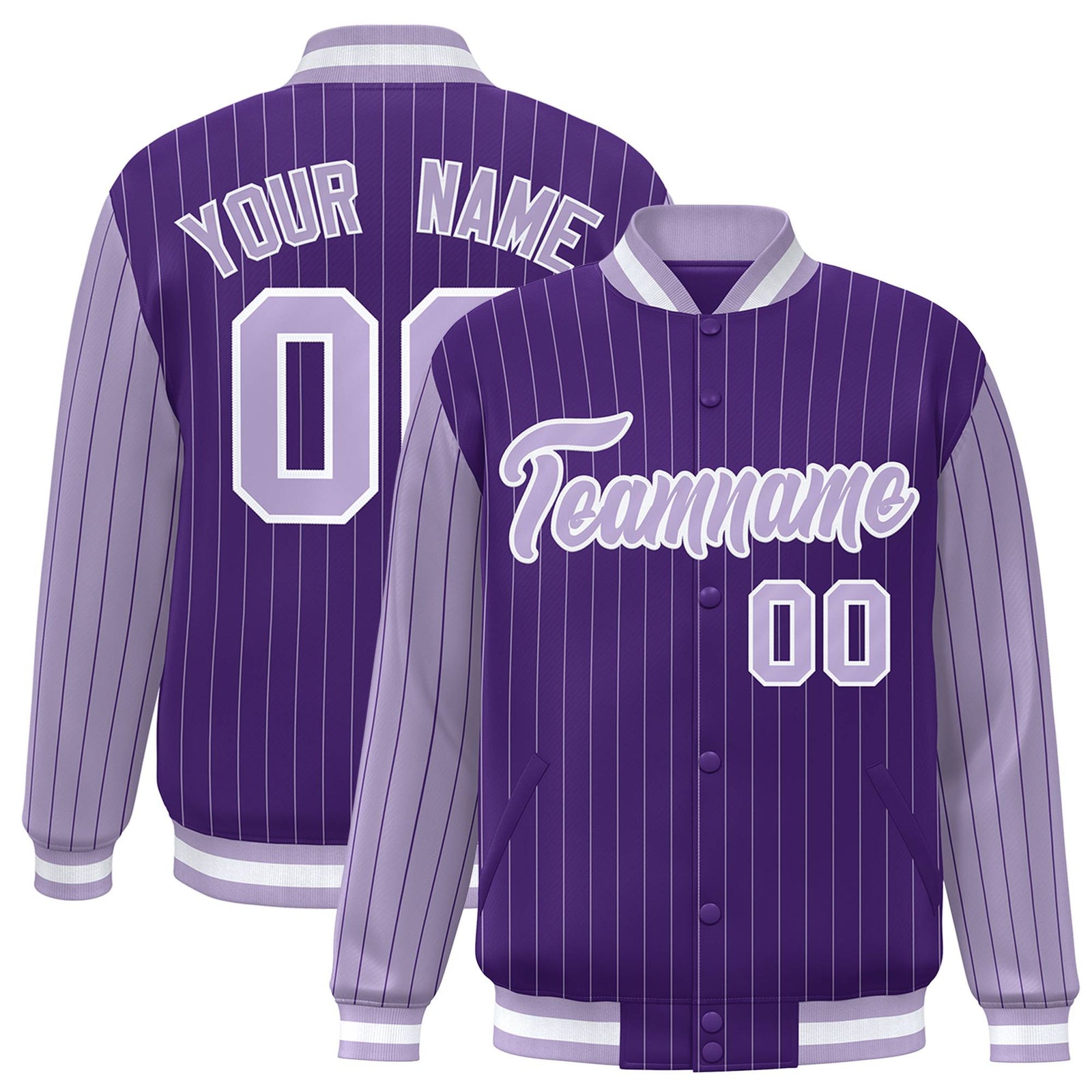 Custom Purple Light-Purple Pinstripe White Light-Purple Bomber Full-Snap Varsity Letterman Jacket