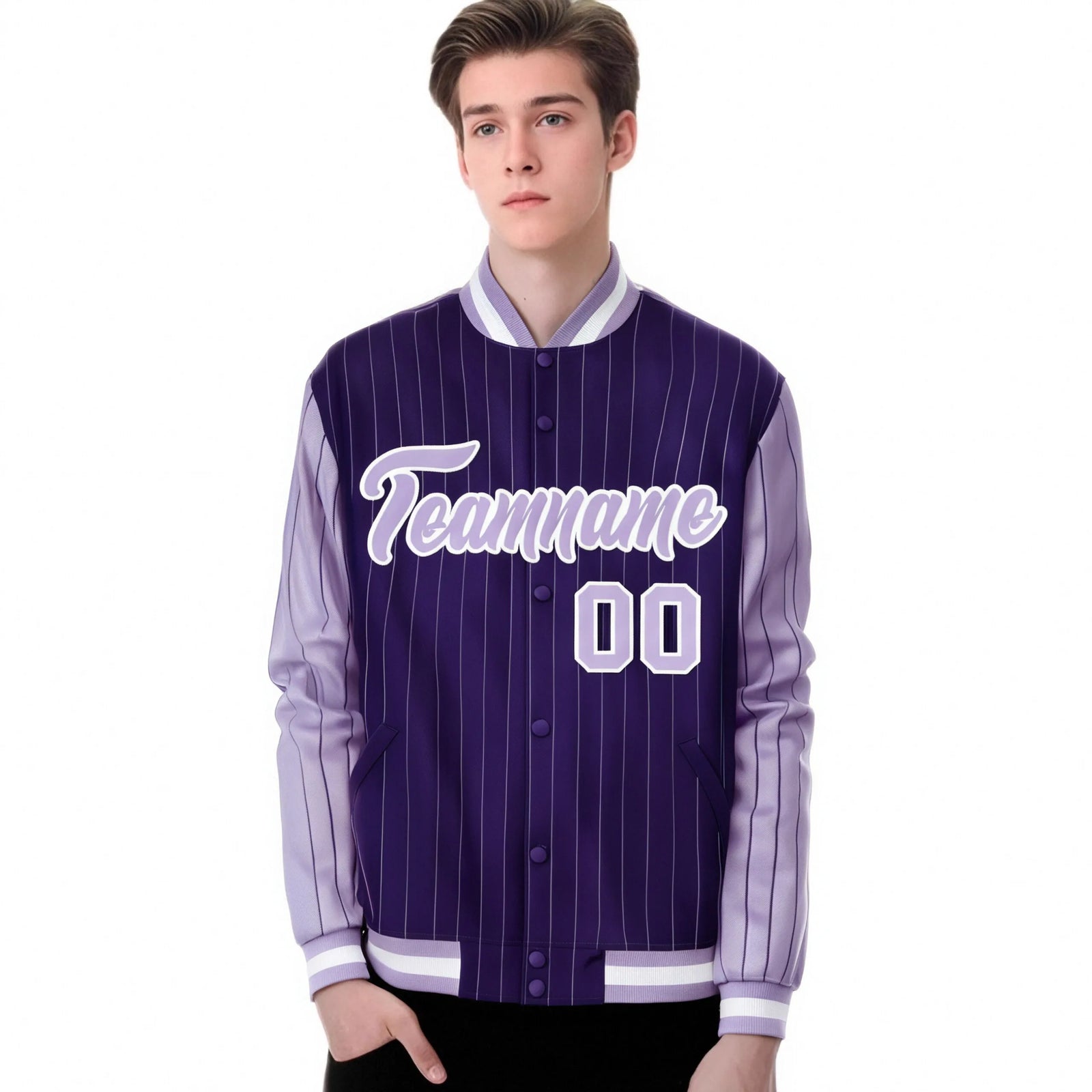 Custom Purple Light-Purple Pinstripe White Light-Purple Bomber Full-Snap Varsity Letterman Jacket