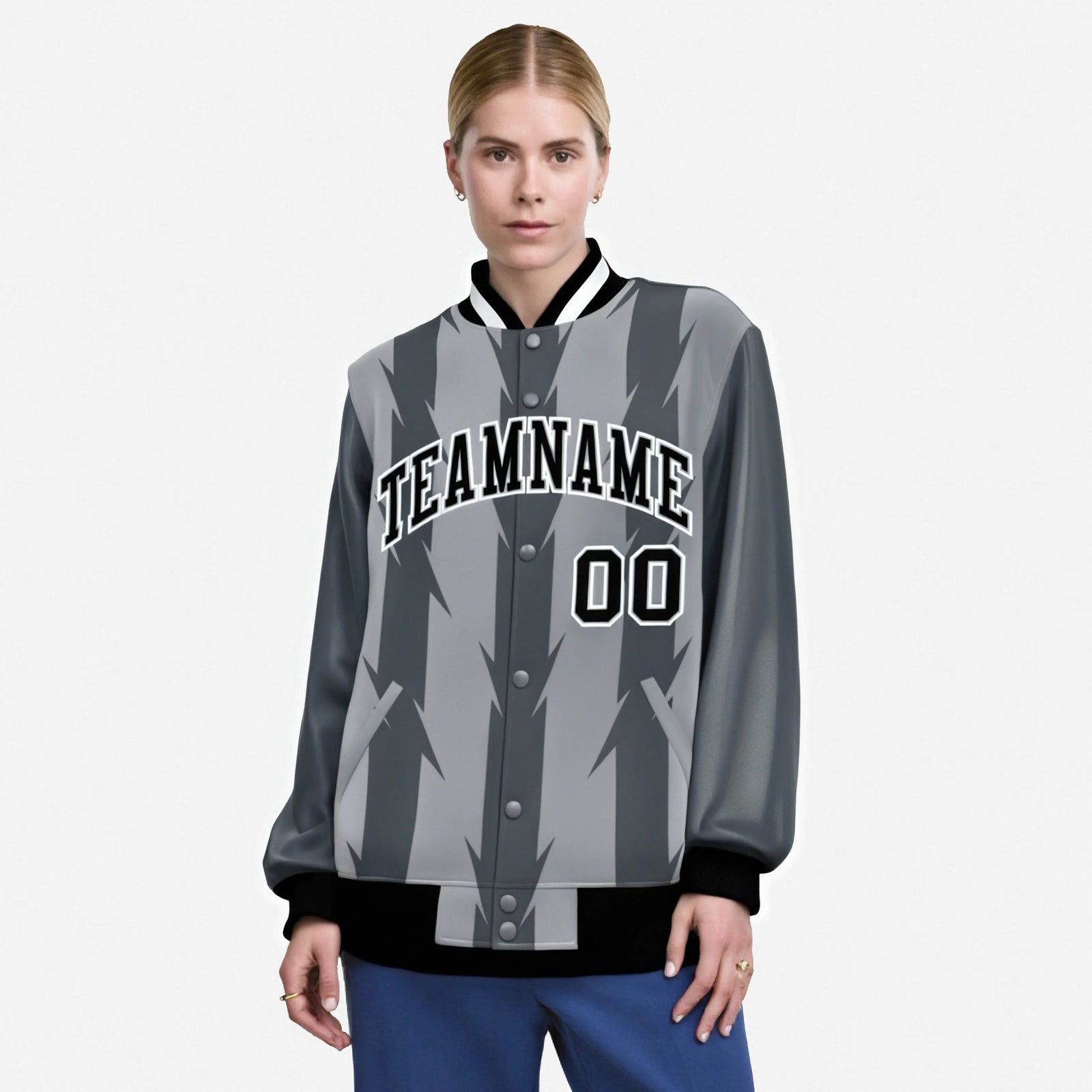 Custom Gray Dark Gray Black-White Blade Graffiti Pattern Varsity Full-Snap Jacket