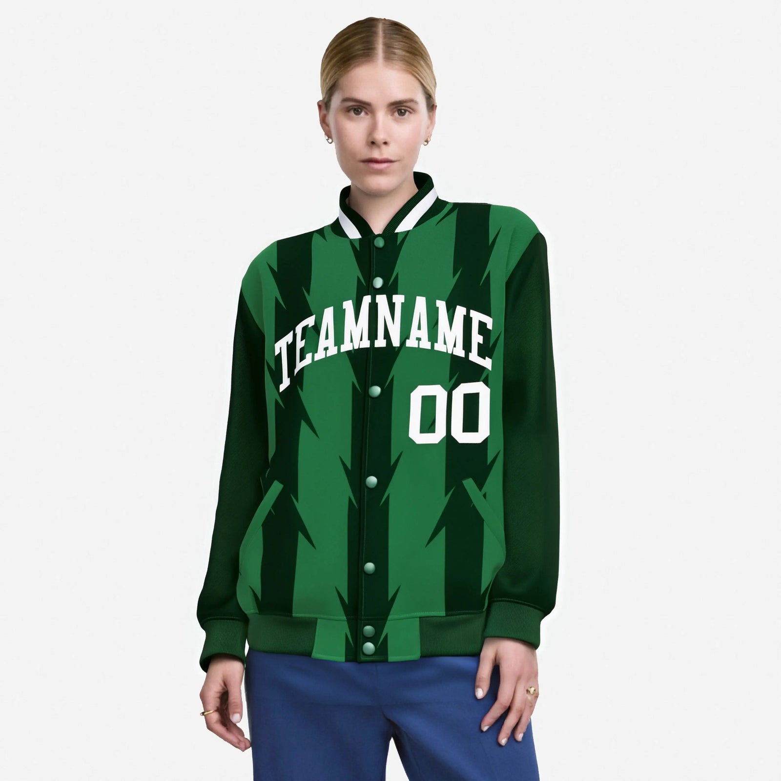 Custom Green Kelly Green-White Blade Graffiti Pattern Varsity Full-Snap Jacket