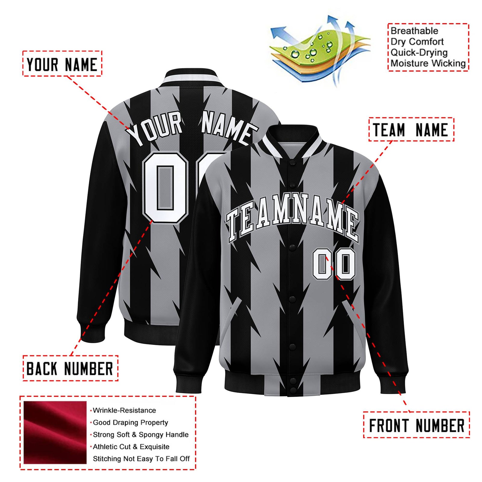 Custom Gray Black-White Blade Graffiti Pattern Varsity Full-Snap Jacket