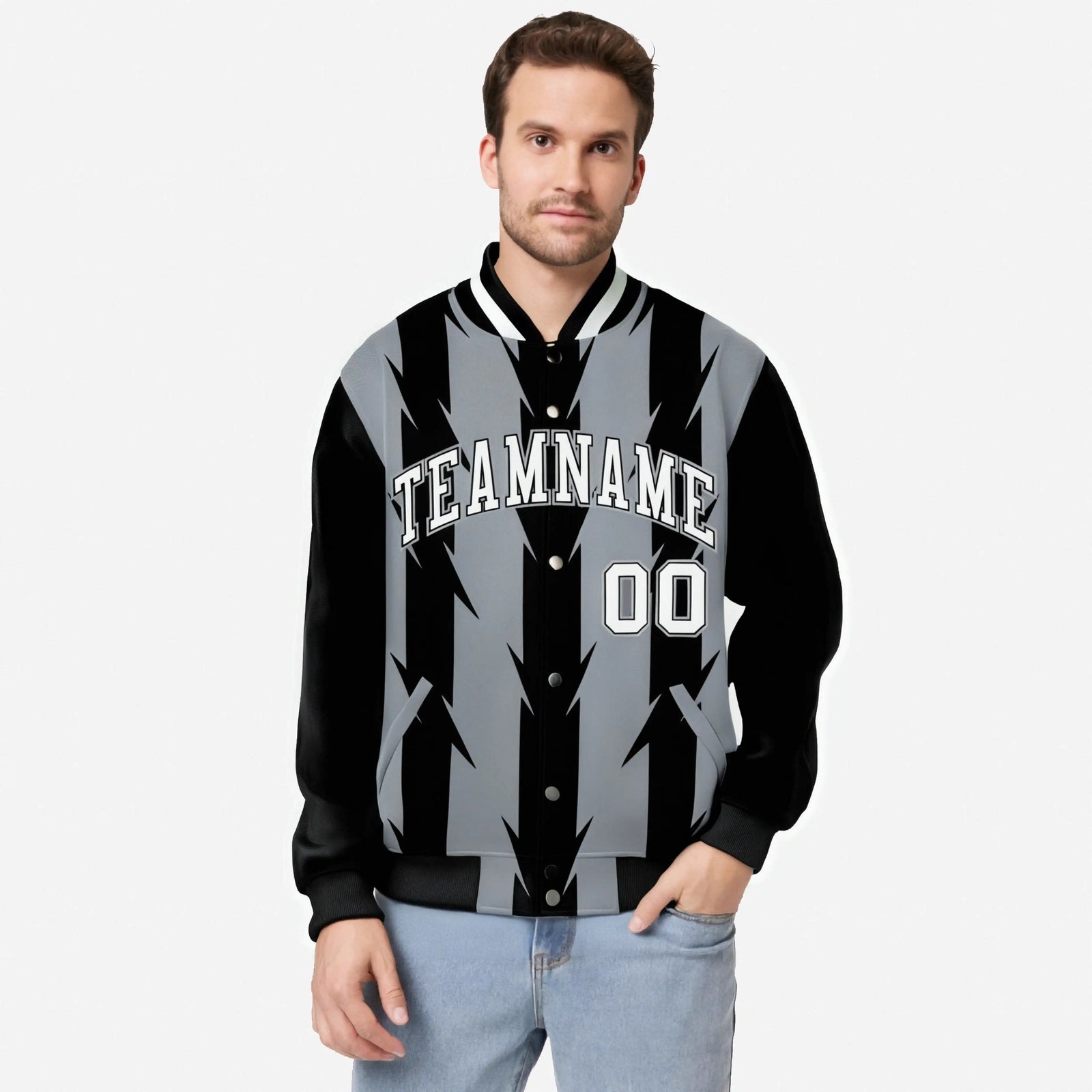 Custom Gray Black-White Blade Graffiti Pattern Varsity Full-Snap Jacket